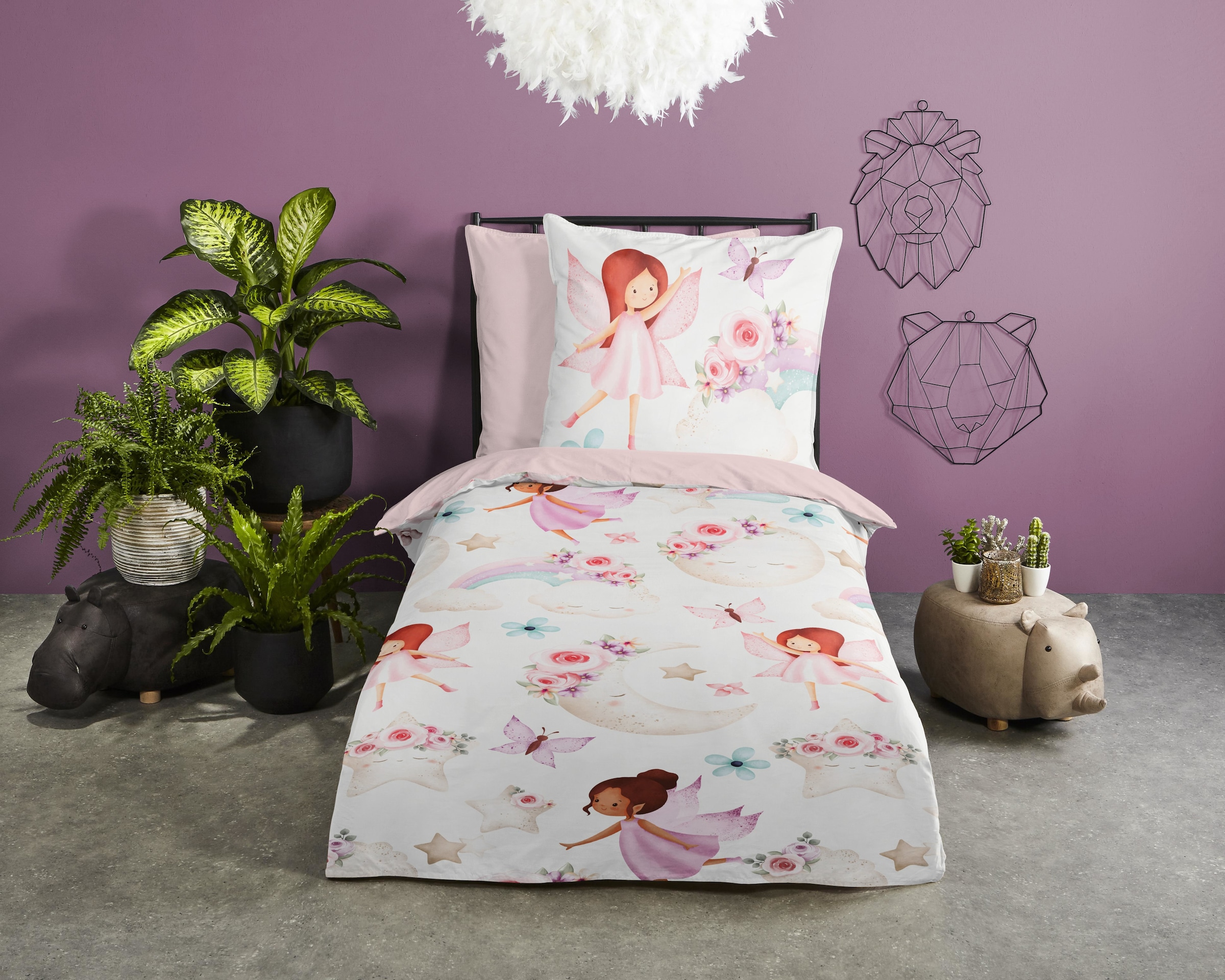 good morning Kinderbettwäsche »Lucia«, Baumwolle, 135x200, Reissverschluss, Wende, Mädchen, Fee, Weiss, Rosa
