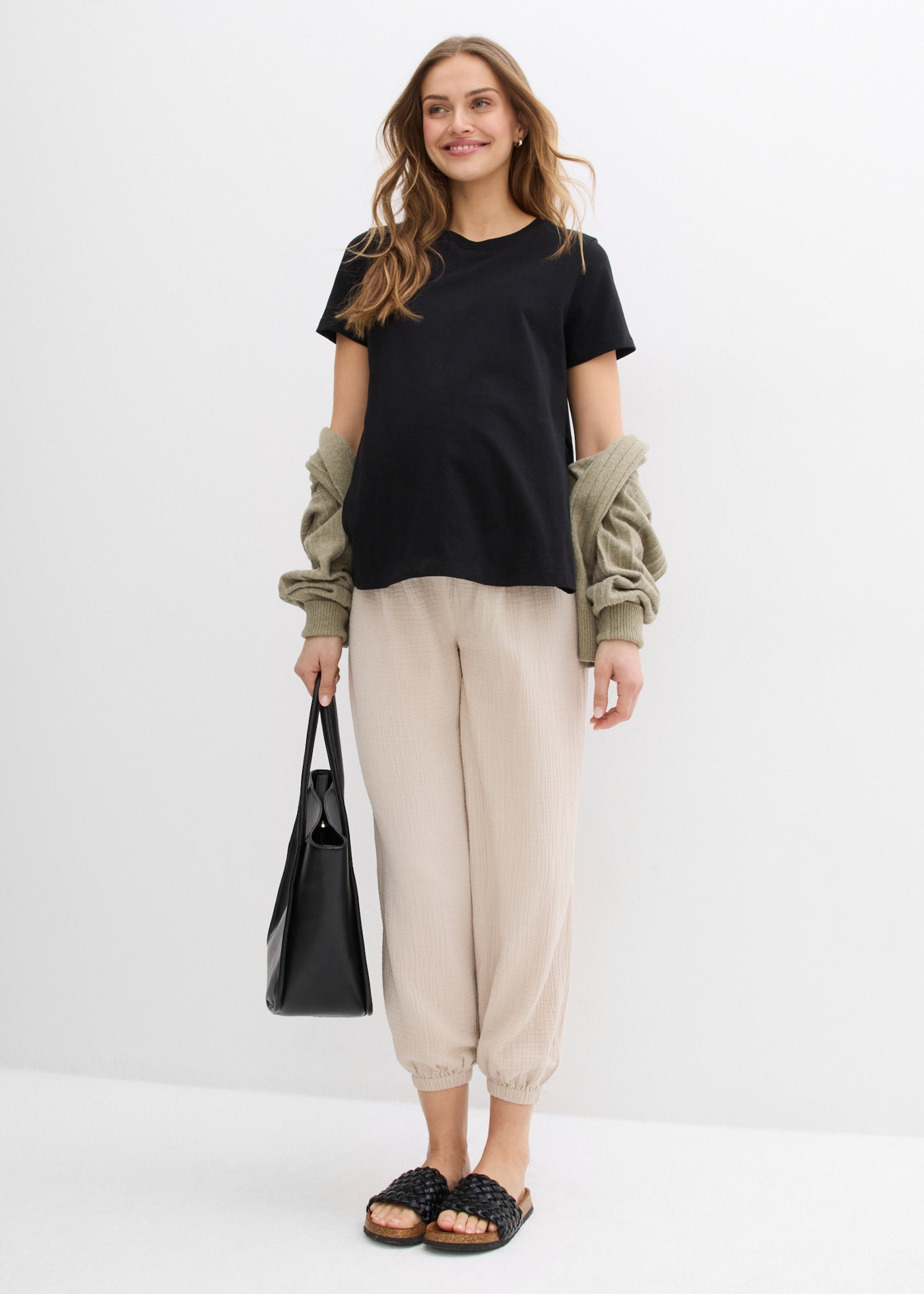 bonprix Pantalon de grossesse  en mousseline de coton, taille smock élastique, coupe ample