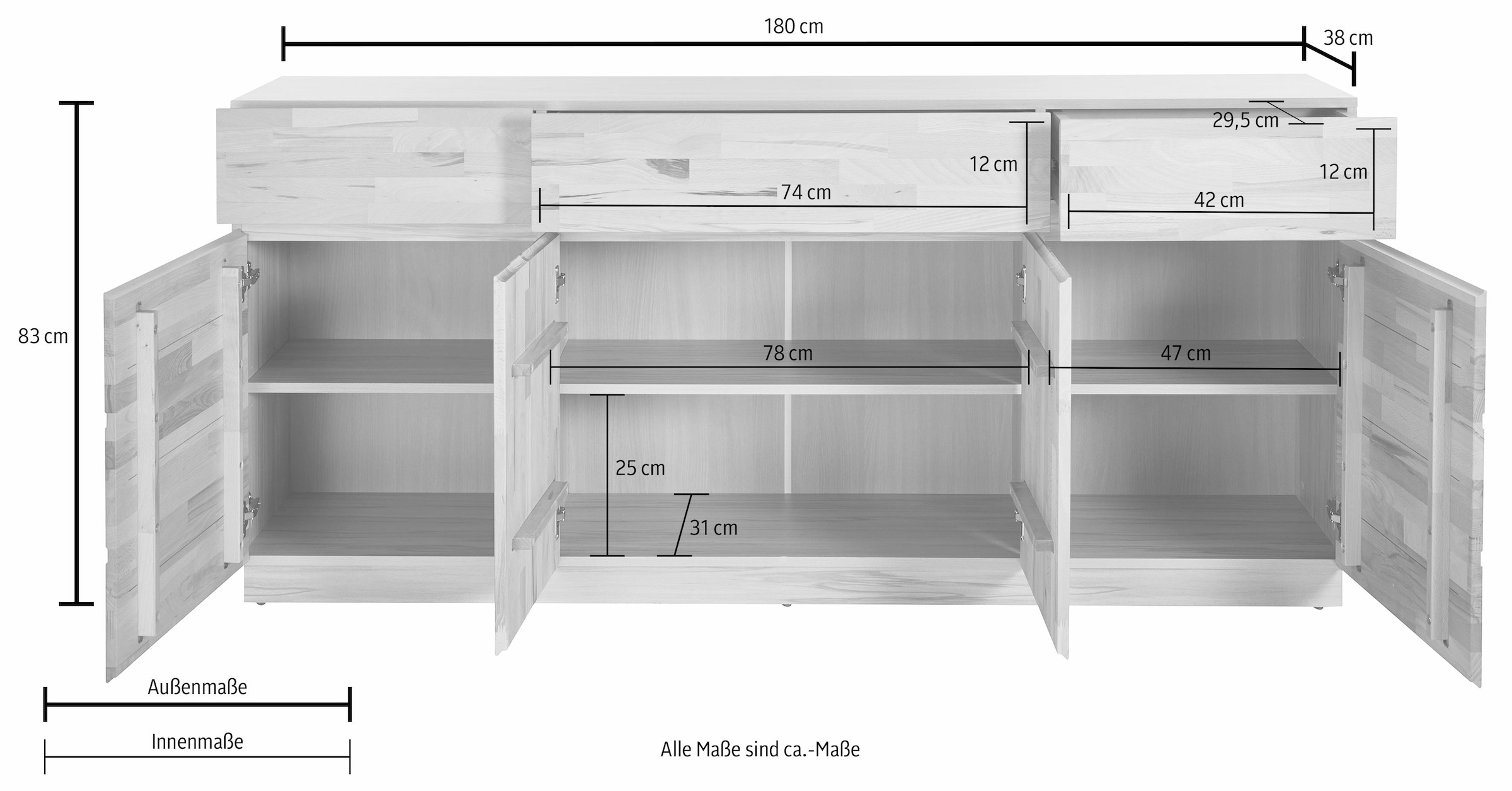 Home affaire Sideboard, Breite 180 cm, teilmassiv, FSC®-zertifiziert