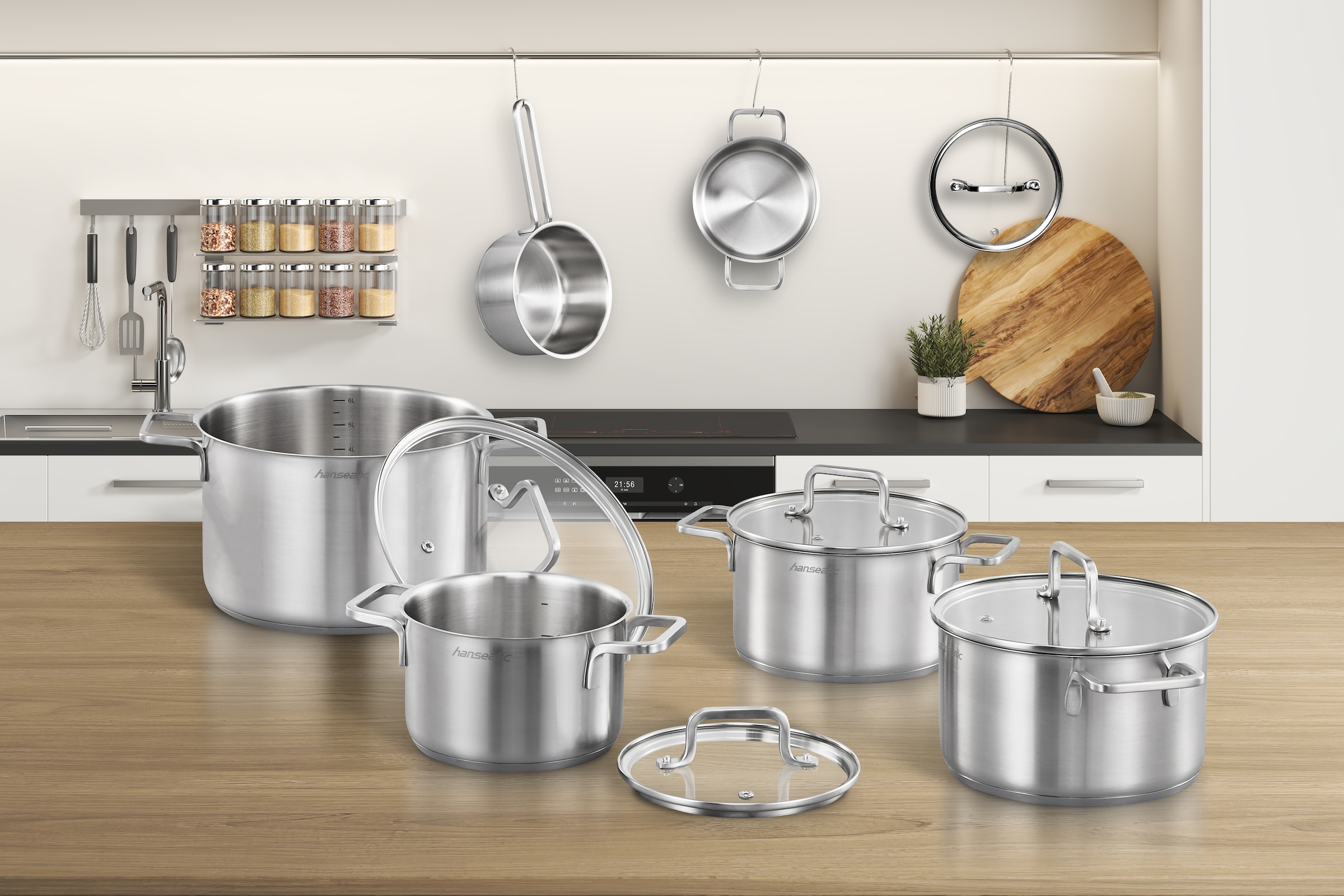 Hanseatic Topf-Set »DAILY«, Edelstahl 18/10, (Set, 11 tlg., Fleischtopf 2x 16 cm / 2x 20 cm / 1x 24 cm, Stielkasserolle 16 cm), handfreundliche Griffe, Literskala, Glasdeckel, Induktion