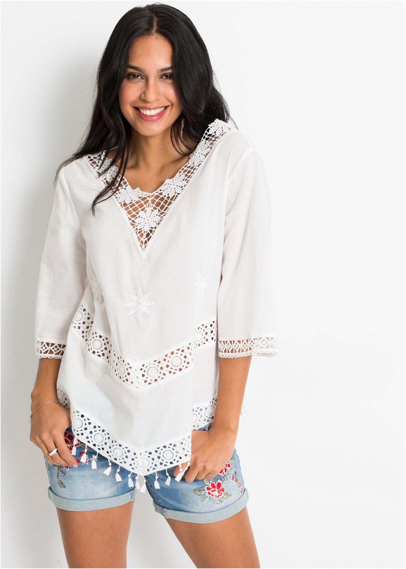 Image of bonprix Tunika "Tunikabluse aus reiner Baumwolle" femininer Stil, 3/4-Ärmel, bequeme Passform, aus reiner Baumwolle