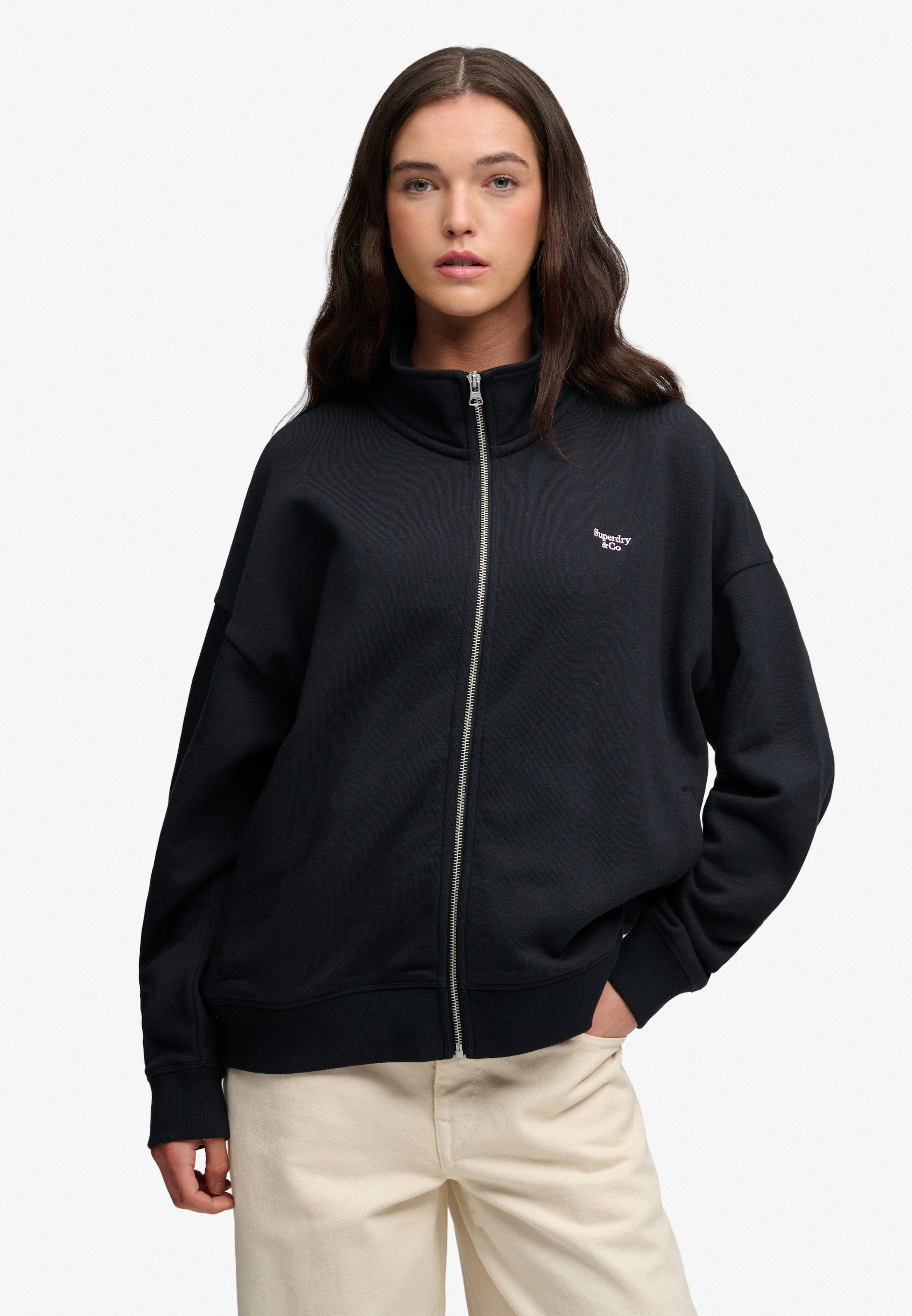 Image of Superdry Sweatjacke "SIGNATURE EMB OVERSIZED TRACK" Oversize-Passform, mit Reissverschluss, hoch geschlossener Ausschnitt