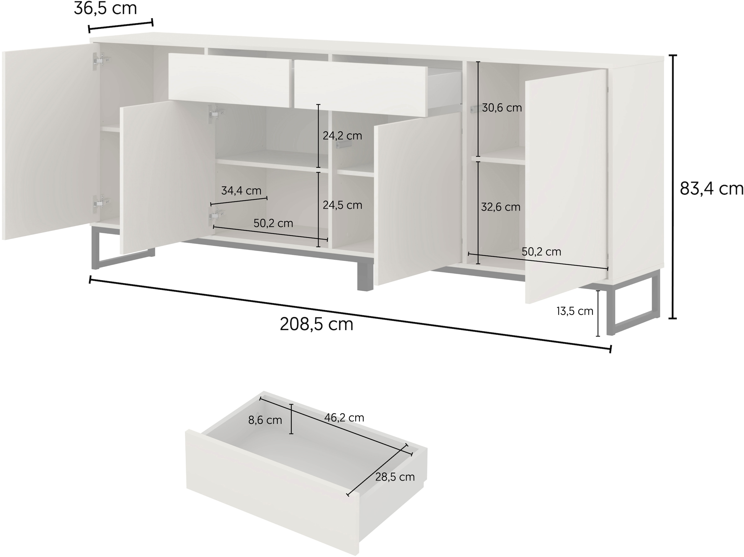 GOODproduct Sideboard »Loft, Breite 208,5 cm, grifflose Kommode 4 Türen/2 Schubkästen.« Schubladenschrank mit viel Stauraum, Einlegeböden verstellbar