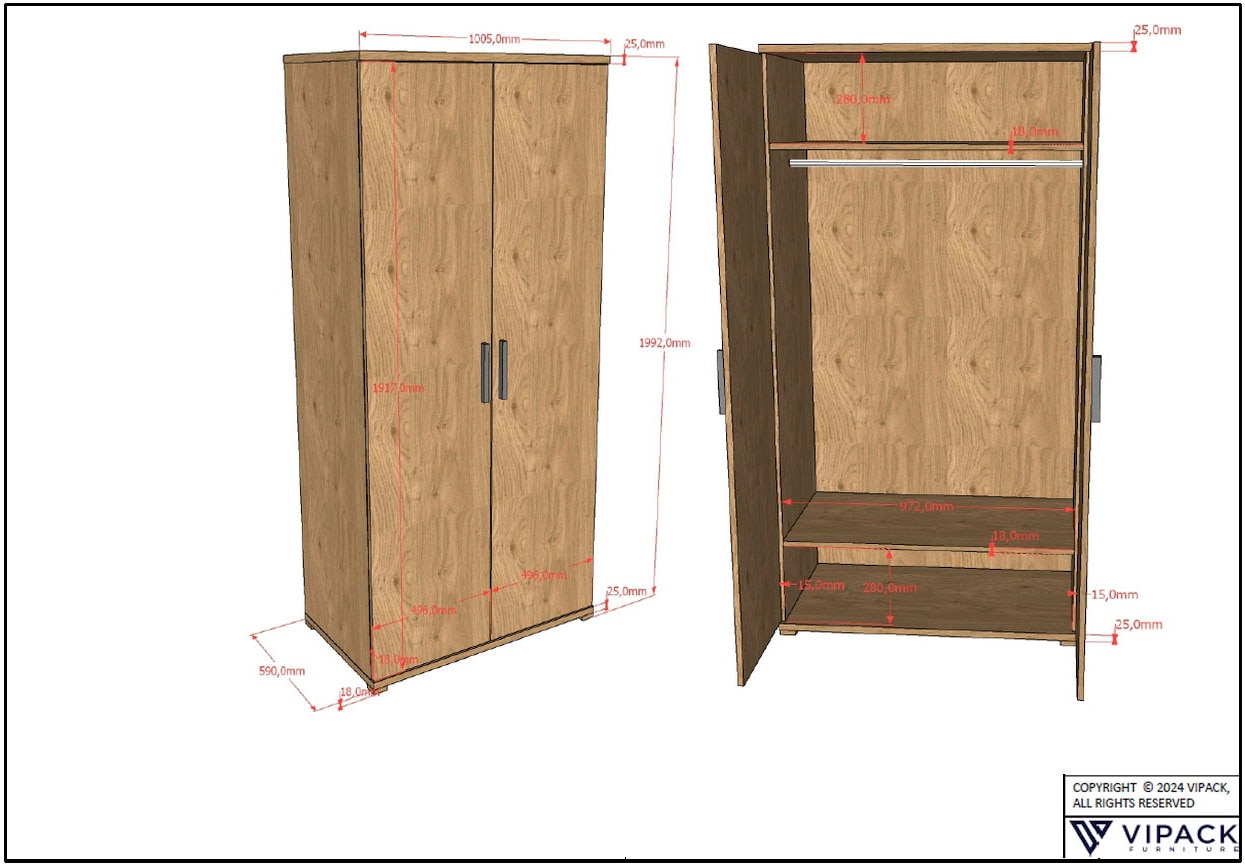 Vipack Jugendzimmer-Set »SAM - Bett, Nachtkonsole, Kleiderschrank 2-trg., gradliniges Design« Schubladen auf Metallauszug, Kleiderschrank 2-trg. mit viel Stauraum, 3 tlg. tlg.