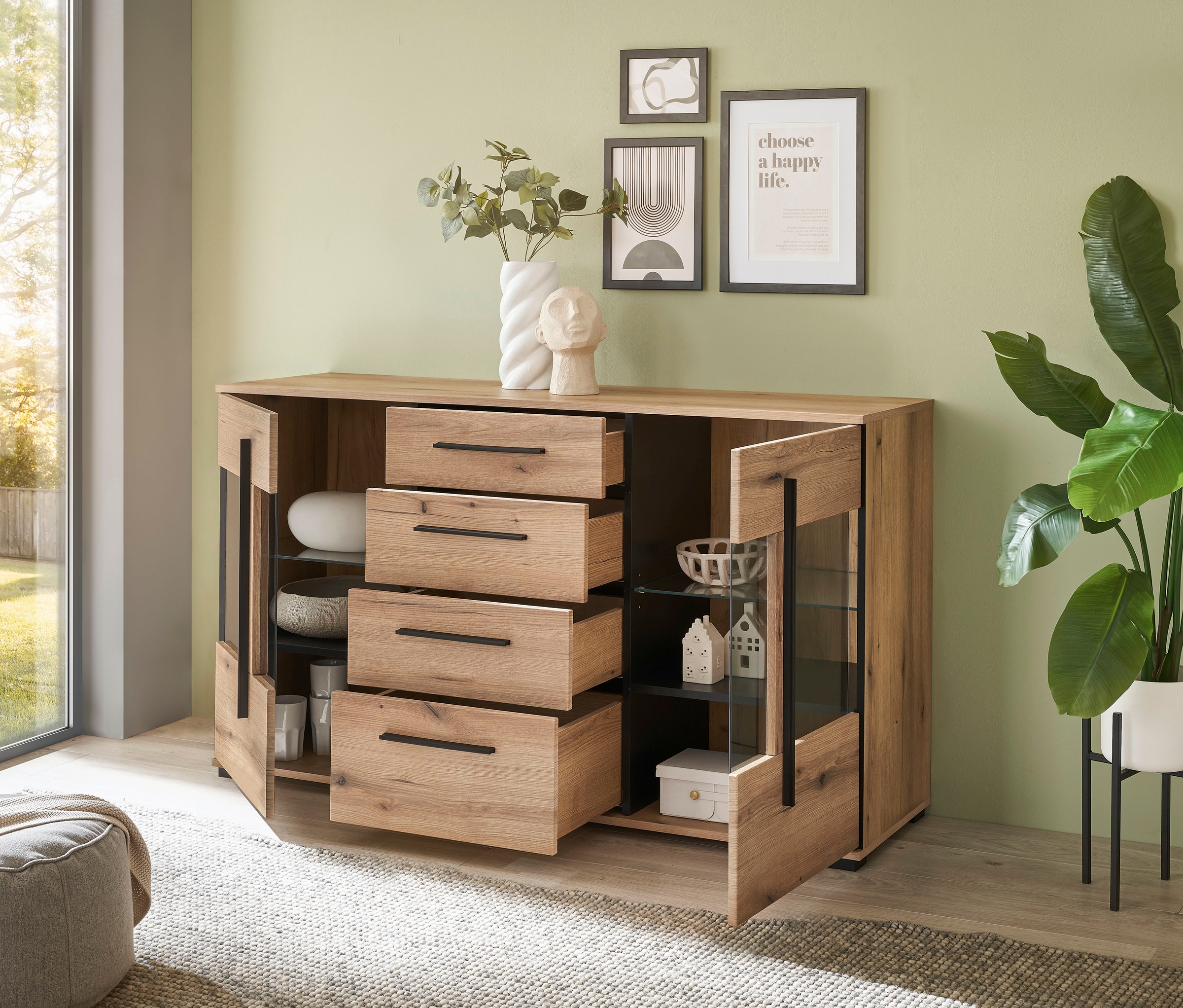 INOSIGN Sideboard »Cantara, moderner Schrank, Kommode in Eiche Evoke oder weiss«, schwarze Stangengriffe, ausreichend Stauraum, vielseitig einsetzbar