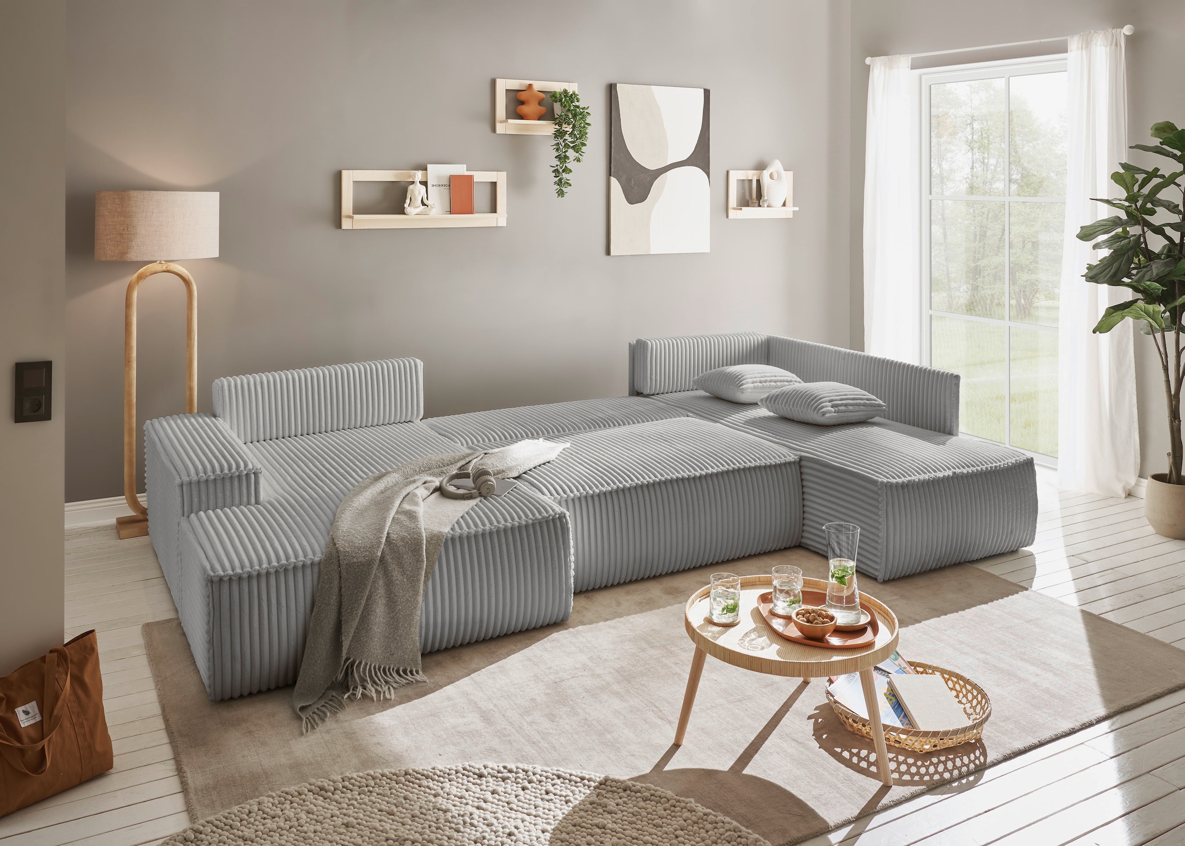 andas Wohnlandschaft »FINNLEY U-Form XXL 329 cm, Schlafsofa, Schlaffunktion m. Bettkasten«, (194/139 cm), Bouclé, Struktur und Cord