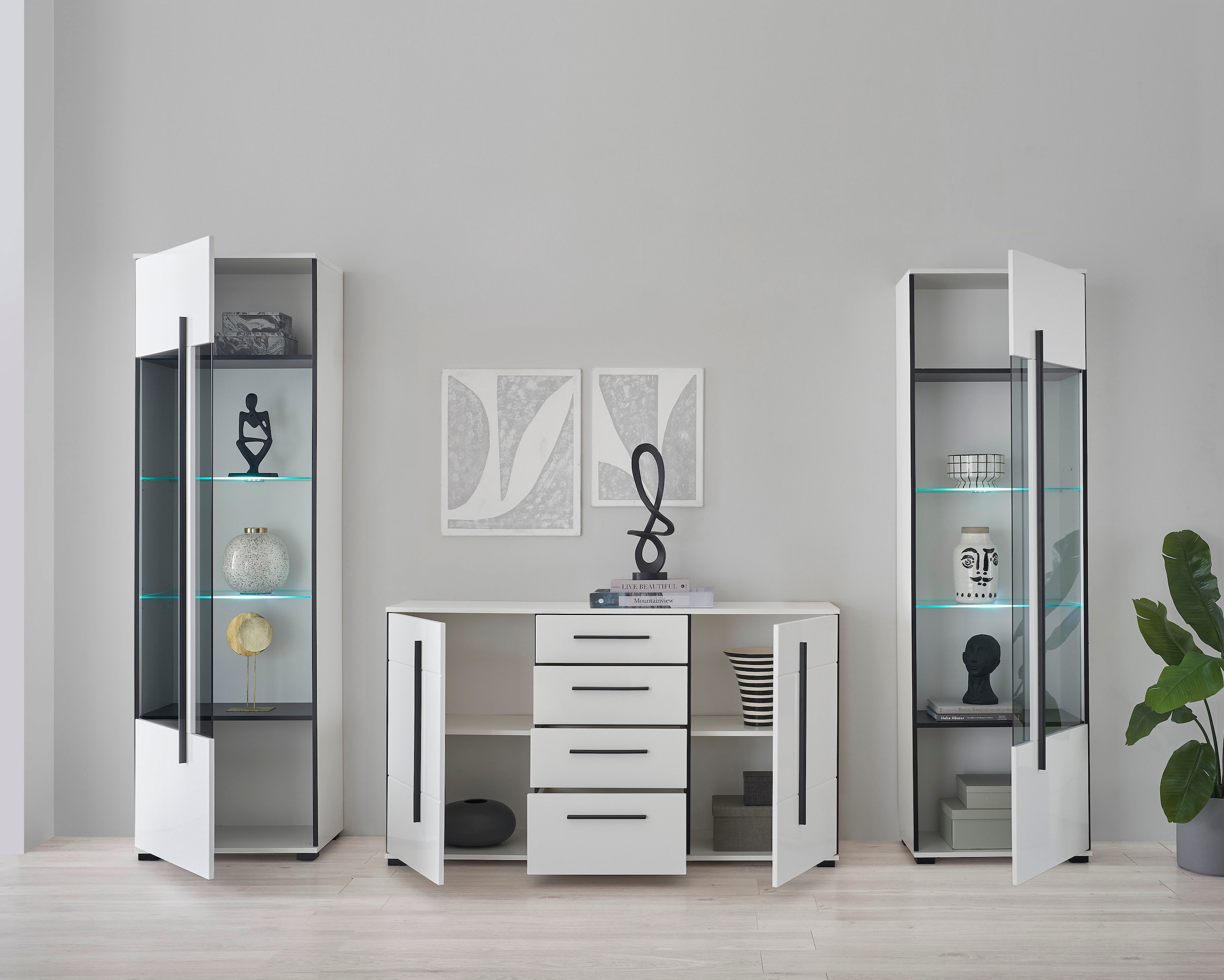 INOSIGN Wohnwand »Cantara, moderne Anbauwand, Wohnzimmer-Set, in Eiche Evoke oder Weiss«, (Set), enthält zwei Vitrinen und ein Sideboard