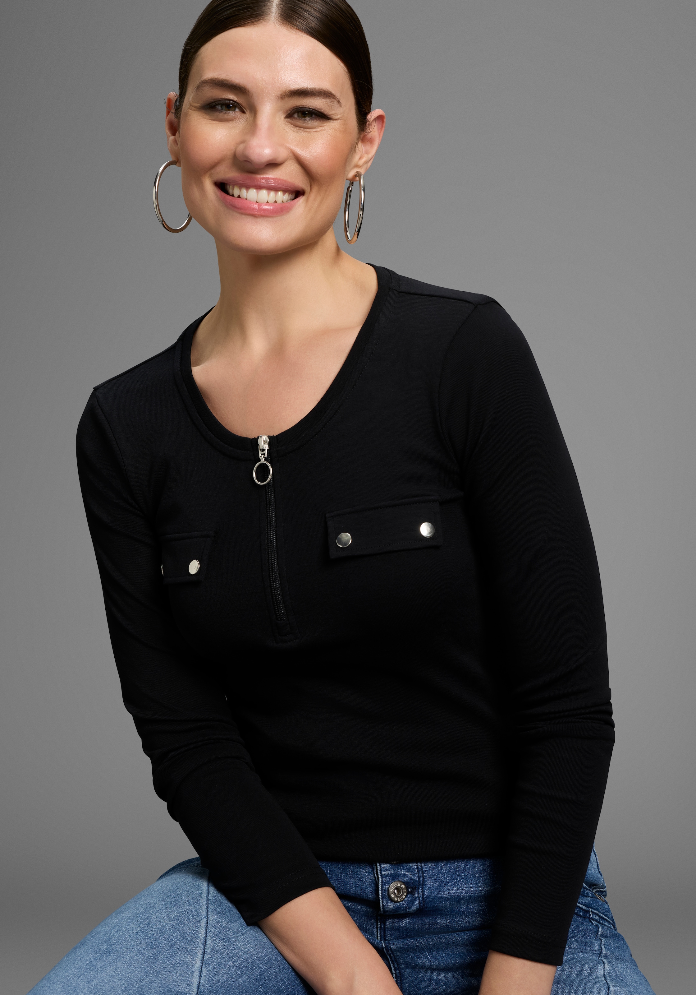Image of Bruno Banani Longsleeve mit Reissverschluss im Ausschnitt