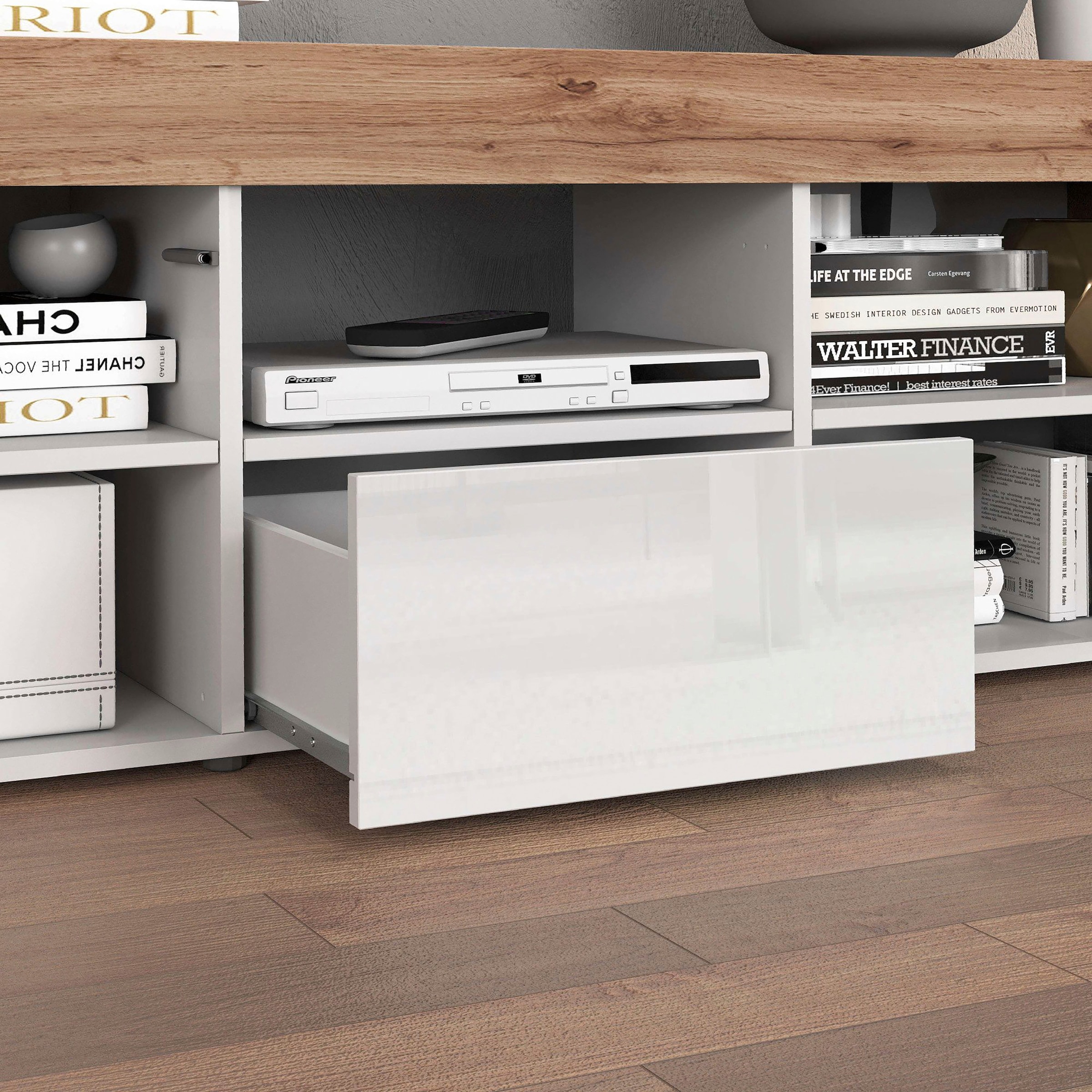 GOODproduct Lowboard »CHRONOS Breite 155 cm mit 2 Türen, 1 Schublade,1 offenes Fach« 1 Stk. tlg. TV-Board, Sideboard niedrig, Grifflos mit Push to Open 'Made in Italy'