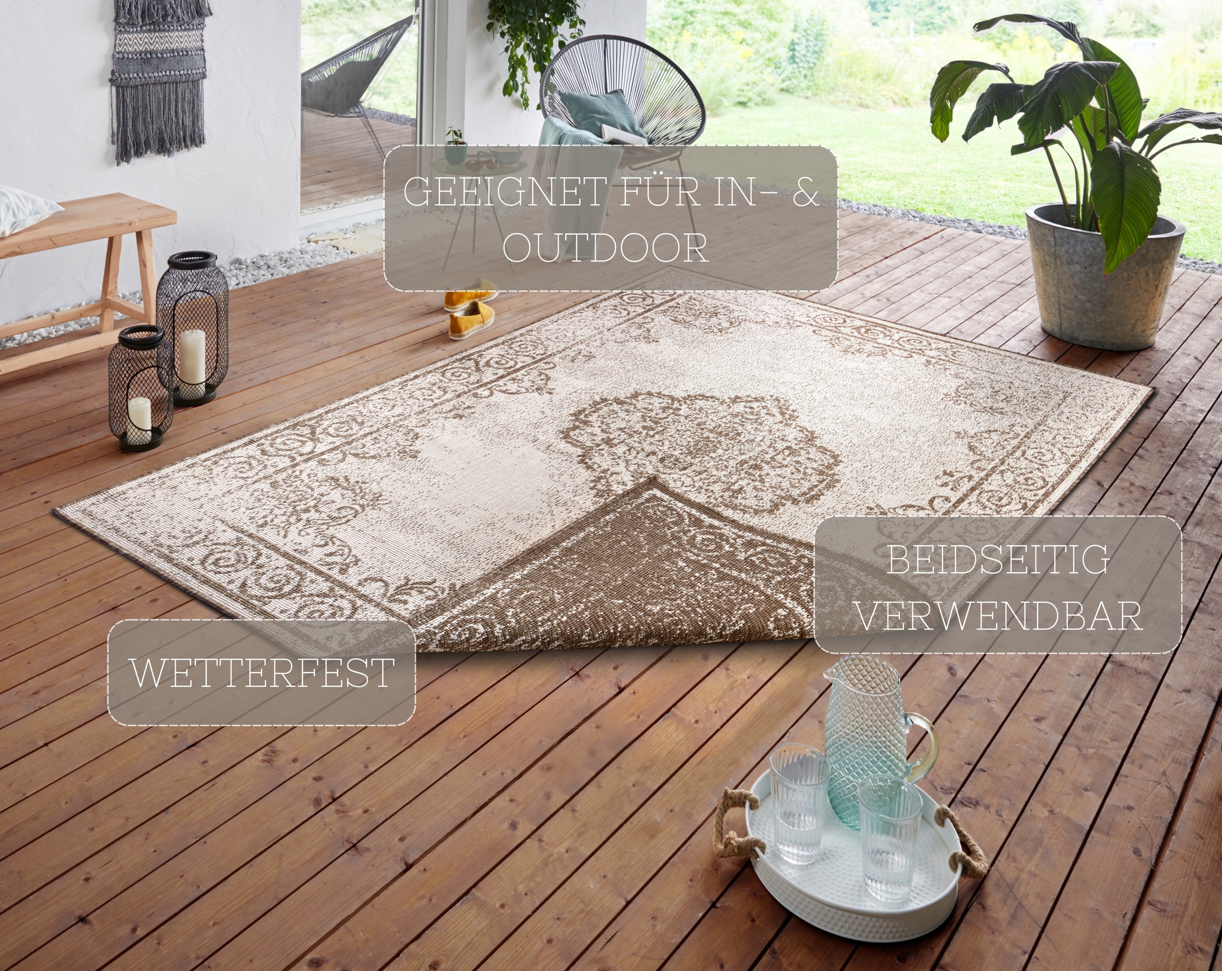 NORTHRUGS Teppich »CEBU Wendeteppich«, rechteckig, 5 mm Höhe, In-& Outdoor, Wetterfest, Balkon, Wohnzimmer, Wasserfest, Orientalisch
