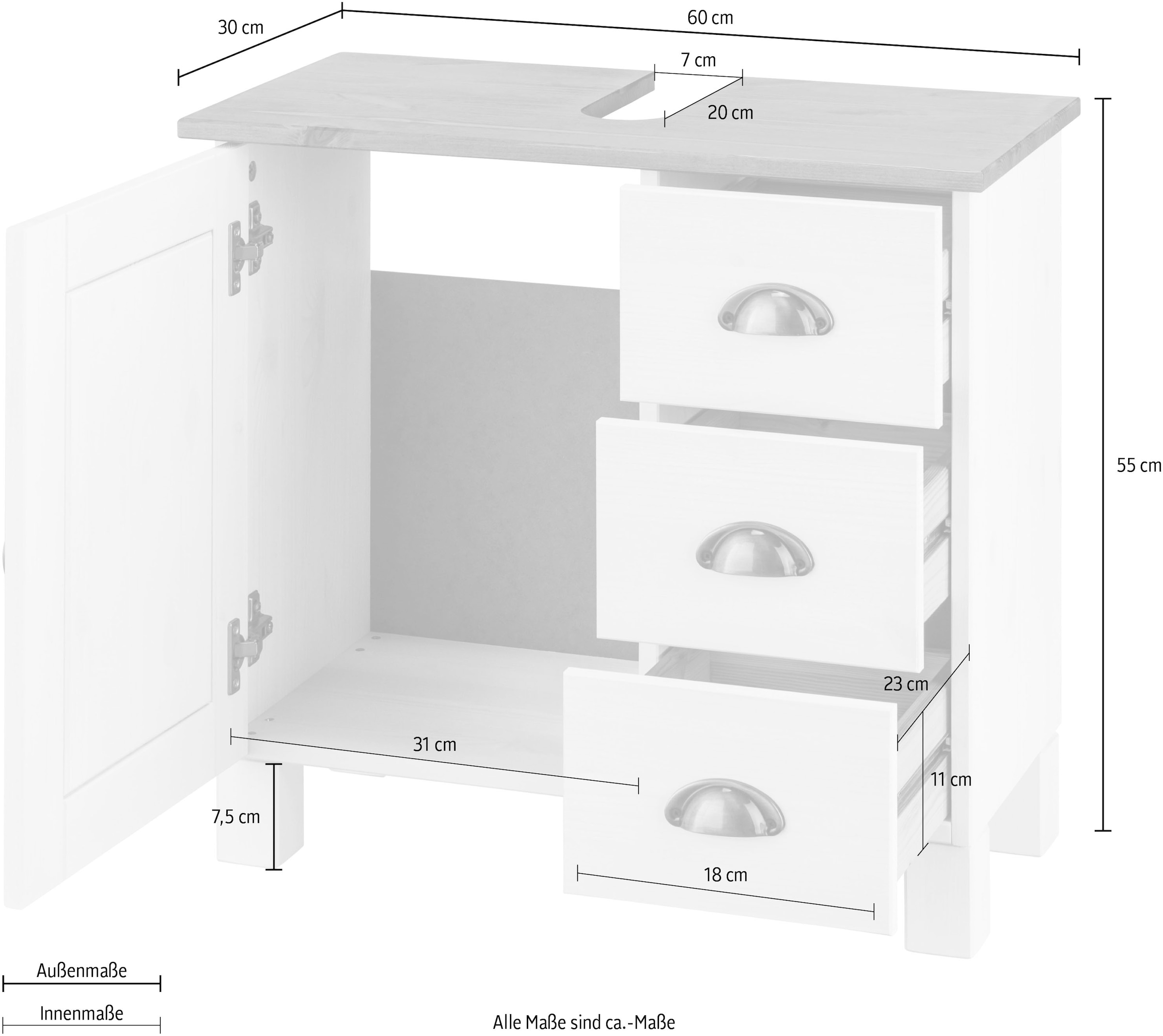 Home affaire Waschbeckenunterschrank »Oslo«, Kiefer, 1 Tür und 3 Schubkästen, Breite 60 cm, Höhe 55 cm