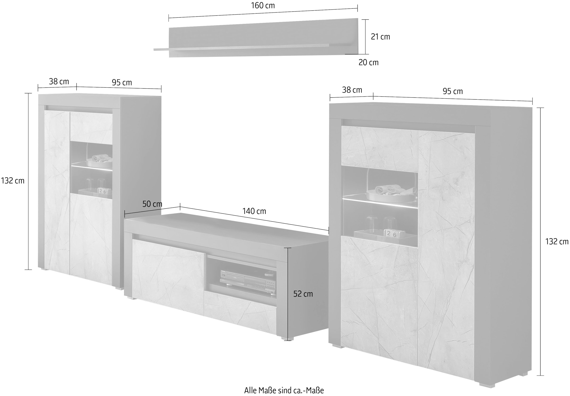 Home affaire 350 in Möbelstücken, Marble«, (4 auf cm Breite aus Design, vier »Stone Wohnwand bestehend versandkostenfrei St.), grifflosen