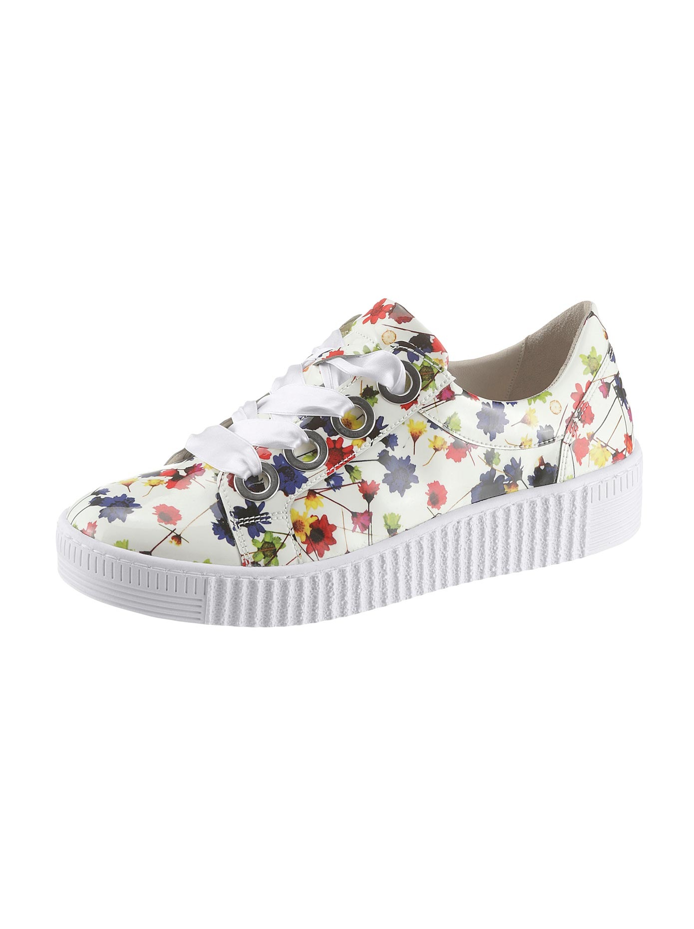 Schnürschuh aus flott geblümtem Lackleder