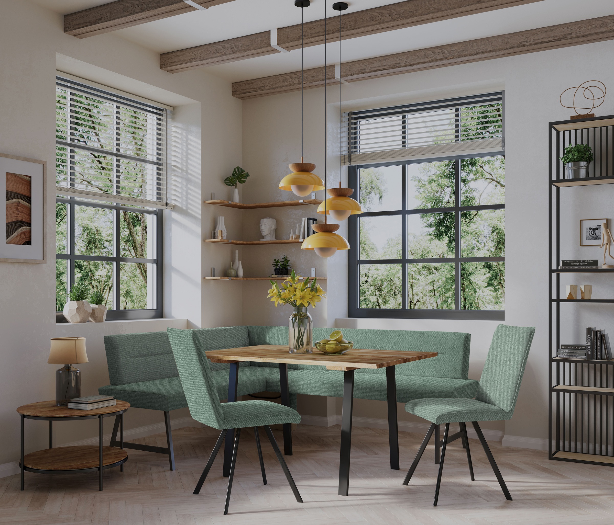 GOODproduct Ensemble de bancs d'angle »Sava« Ensemble, 4 cuis tlg. Eckbank mit Wellenfederung im Sitz, Tisch Massiv Eiche