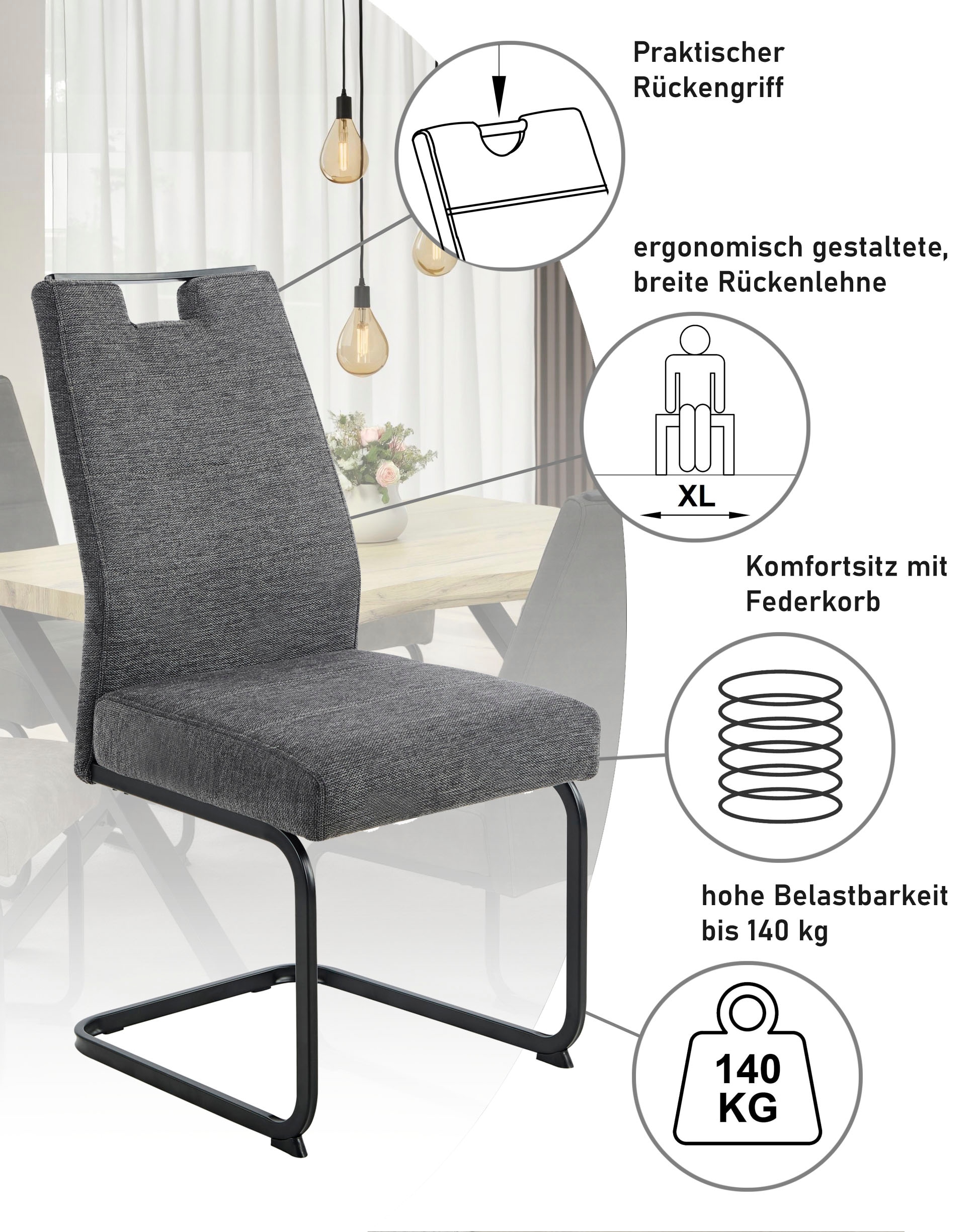 HELA Chaise cantilever »KERTIN« (Ensemble) 1 cuisLargeur d'assise XL, poignée, panier à ressort, charge max. 140kg