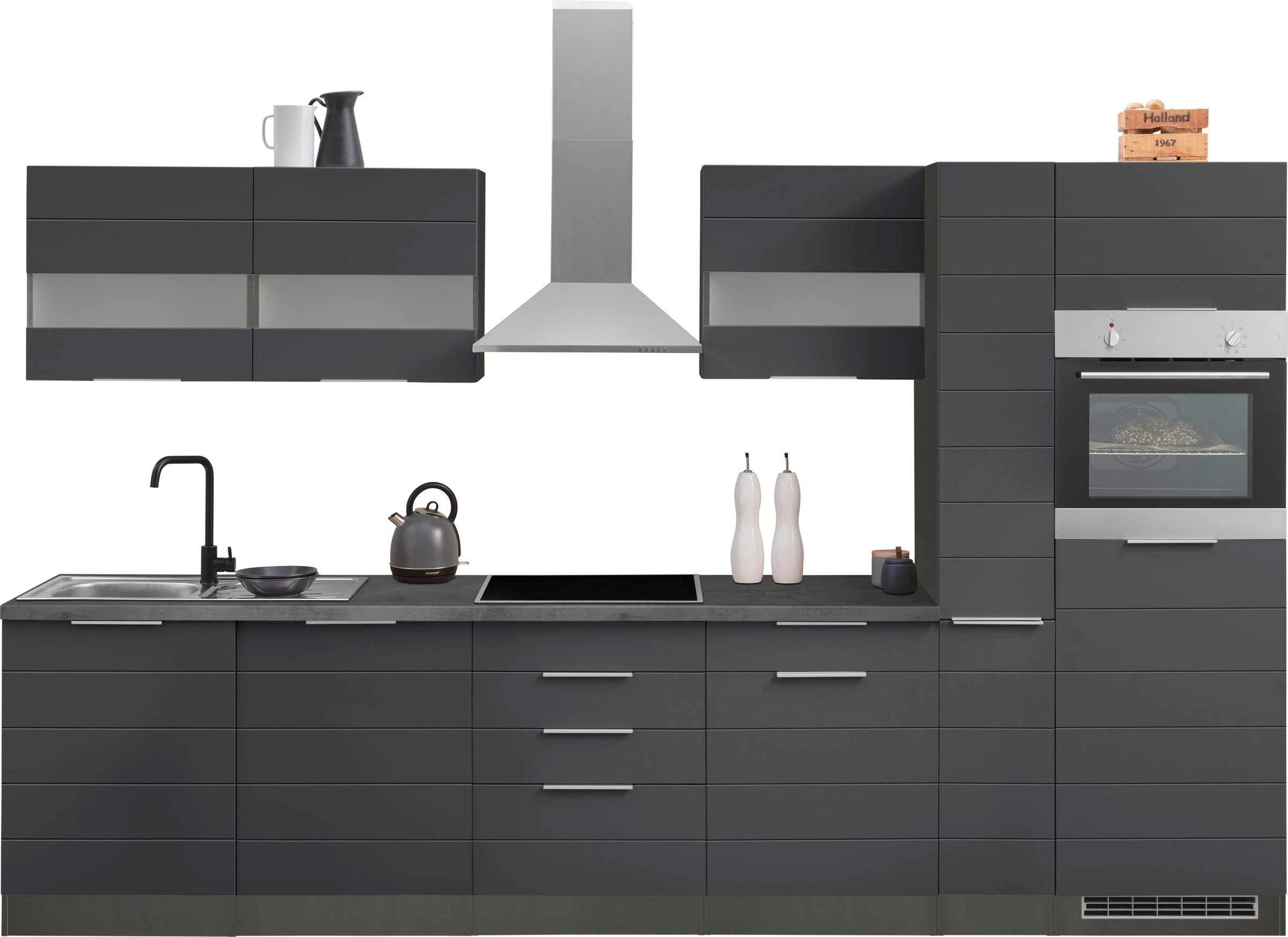 KOCHSTATION Küchenzeile "KS-Luhe" 330 cm breit, wahlweise mit oder ohne E-Geräten, gefräste MDF-Fronten