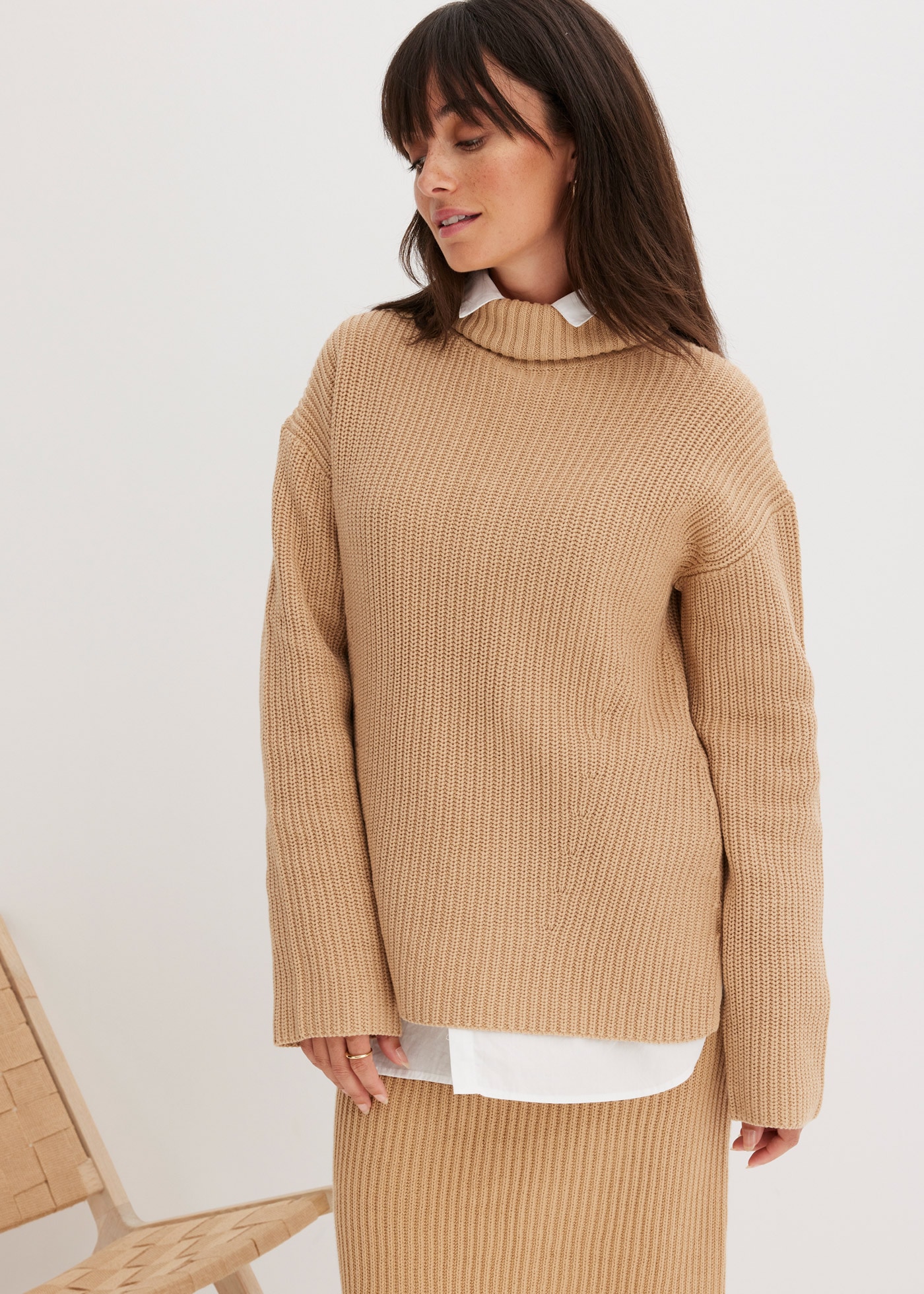 Image of bonprix Rollkragenpullover "Rollkragenpullover aus reiner Baumwolle" im Grobstrick aus Baumwolle, Seitenschlitze, hinten länger geschnitten