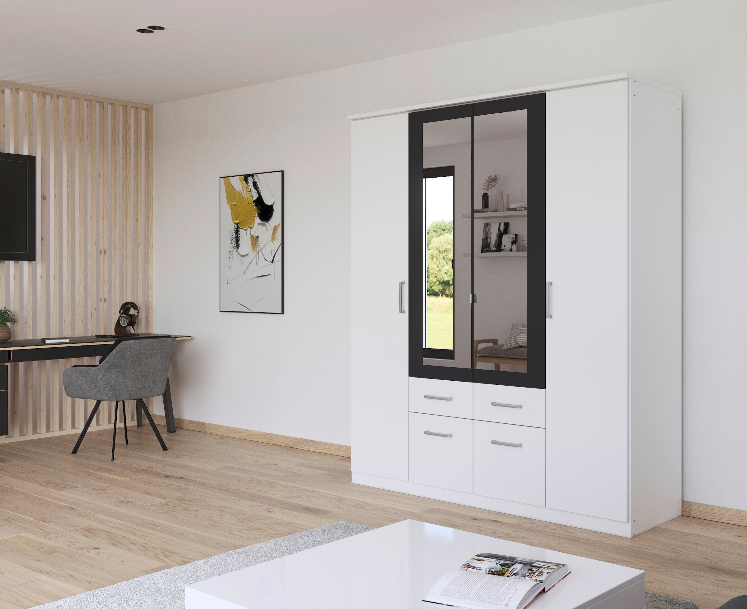 rauch Kleiderschrank »Drehtürenschrank Schrank Garderobe BURANO«, mit Schubladen und Spiegelumrandung in Farbabsetzung MADE IN GERMANY