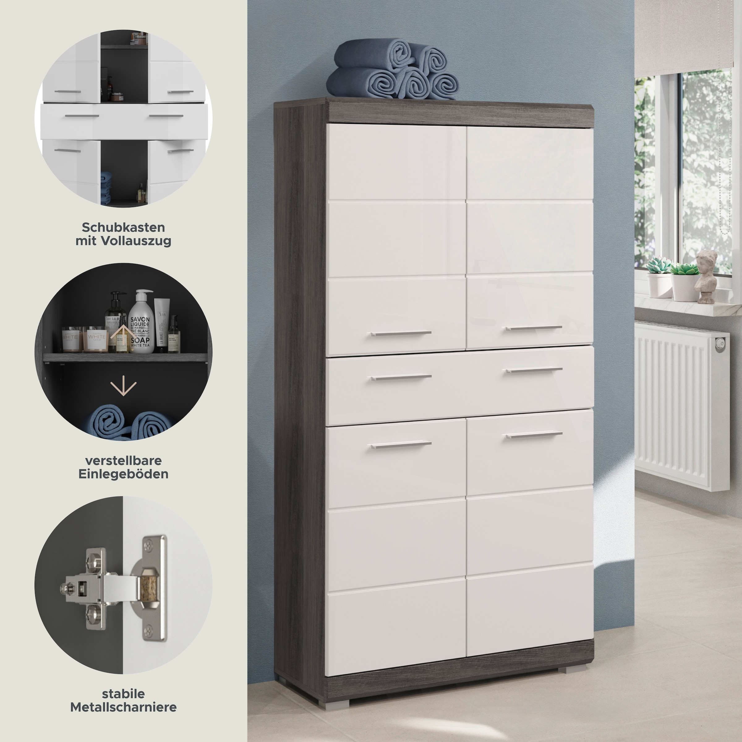 welltime Armoire intermédiaire »SIENA, Breite 74cm, 4 Türen, 1 Schubkasten, 4 Fächer, MDF-Front« TOPSELLER!,  in verschiedenen Farben erhältlich, Badmöbel, Badschrank, Schrank, Bad