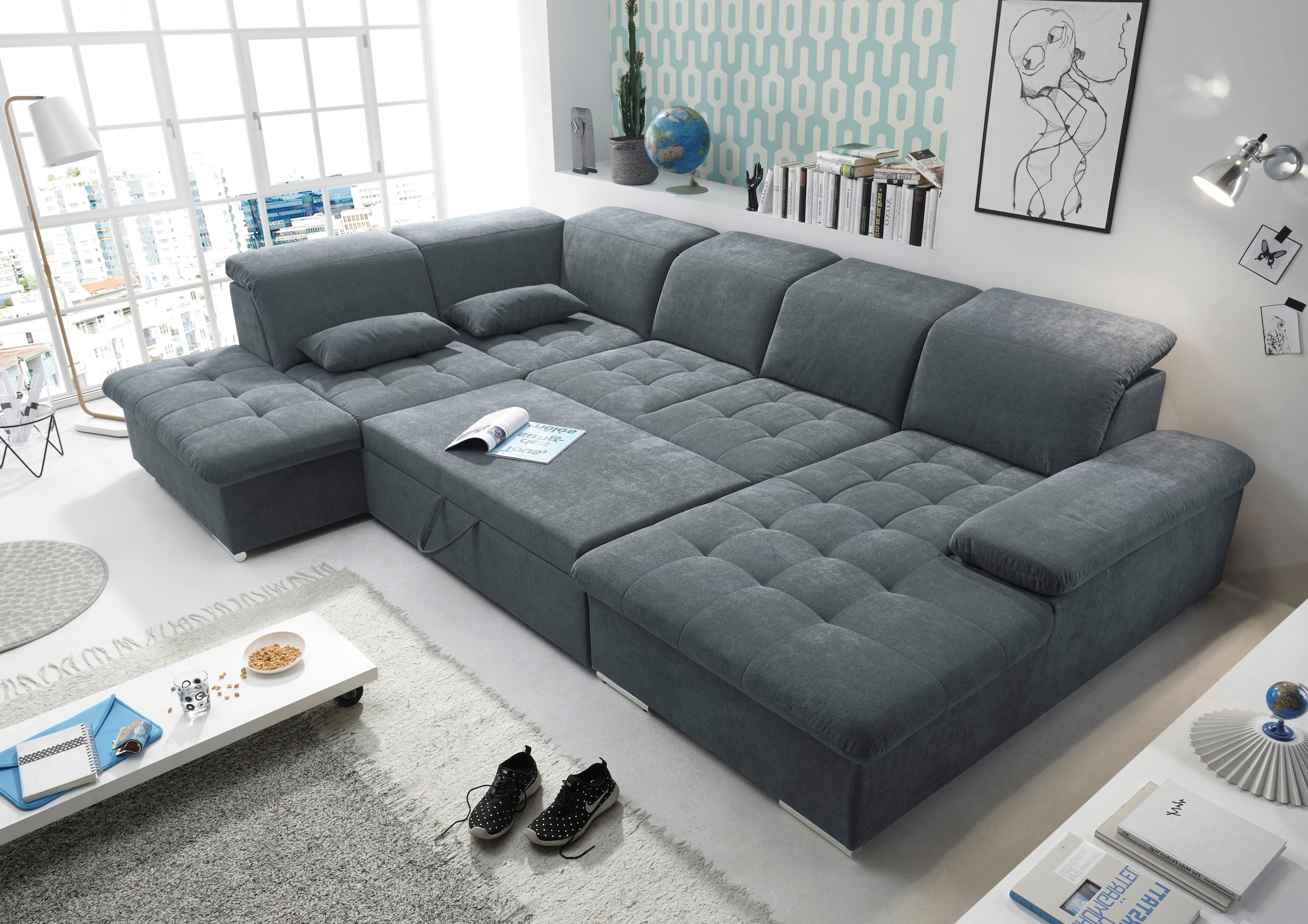ED EXCITING DESIGN Wohnlandschaft »Wayne U-Form mit Bettfunktion, Bettkasten« Arm- und Kopfteilverstellung & 3 Nierenkissen