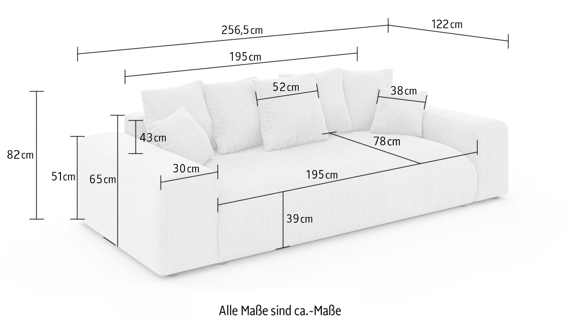 Home affaire Big-Sofa »LAKESIDE 3-Sitzer Schlafsofa mit Bettkasten, Breite 256,5 cm« Liegefläche 168,5x195 cm, hoher Sitzkomfort, Masse B/T/H: 256/122/82cm