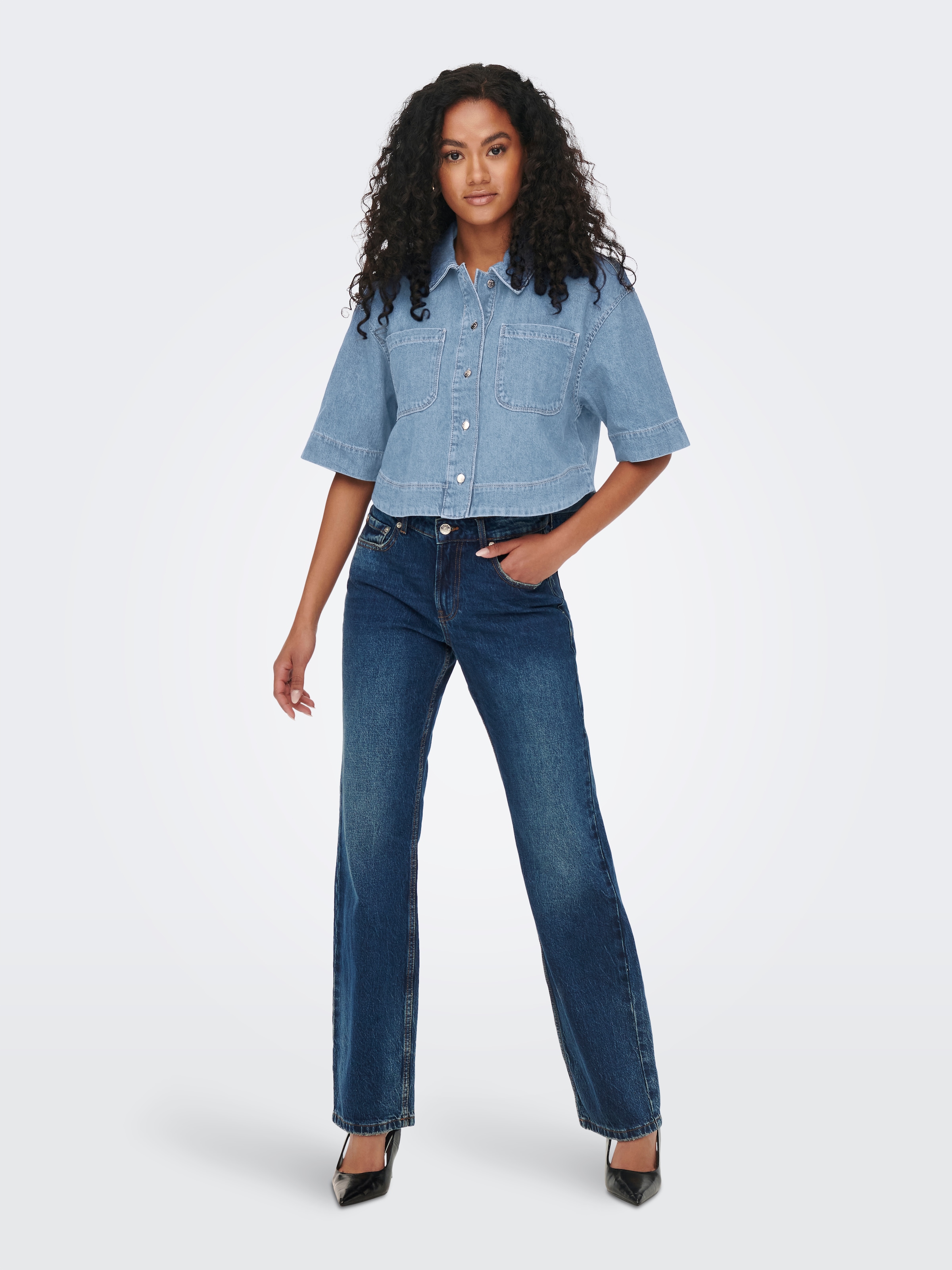 ONLY Blouse en jean »ONLCLEO LIFE SS CROP DNM SHIRT PIM NOOS« Coton