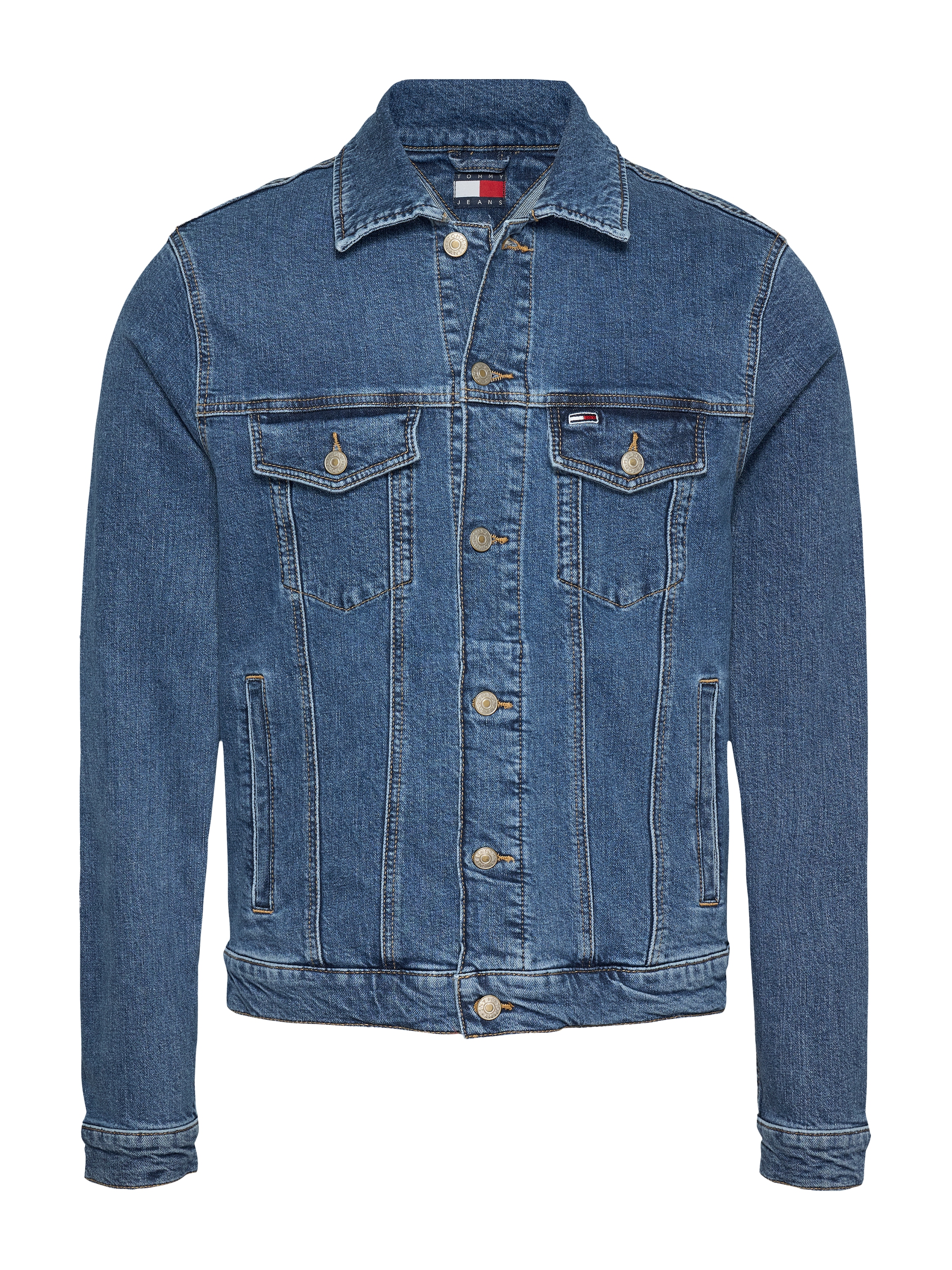 Tommy Jeans Jeansjacke »RYAN RGLR TRCKR JCKT EXT BI8130«, ohne Kapuze, Mit Rundhalsausschnitt