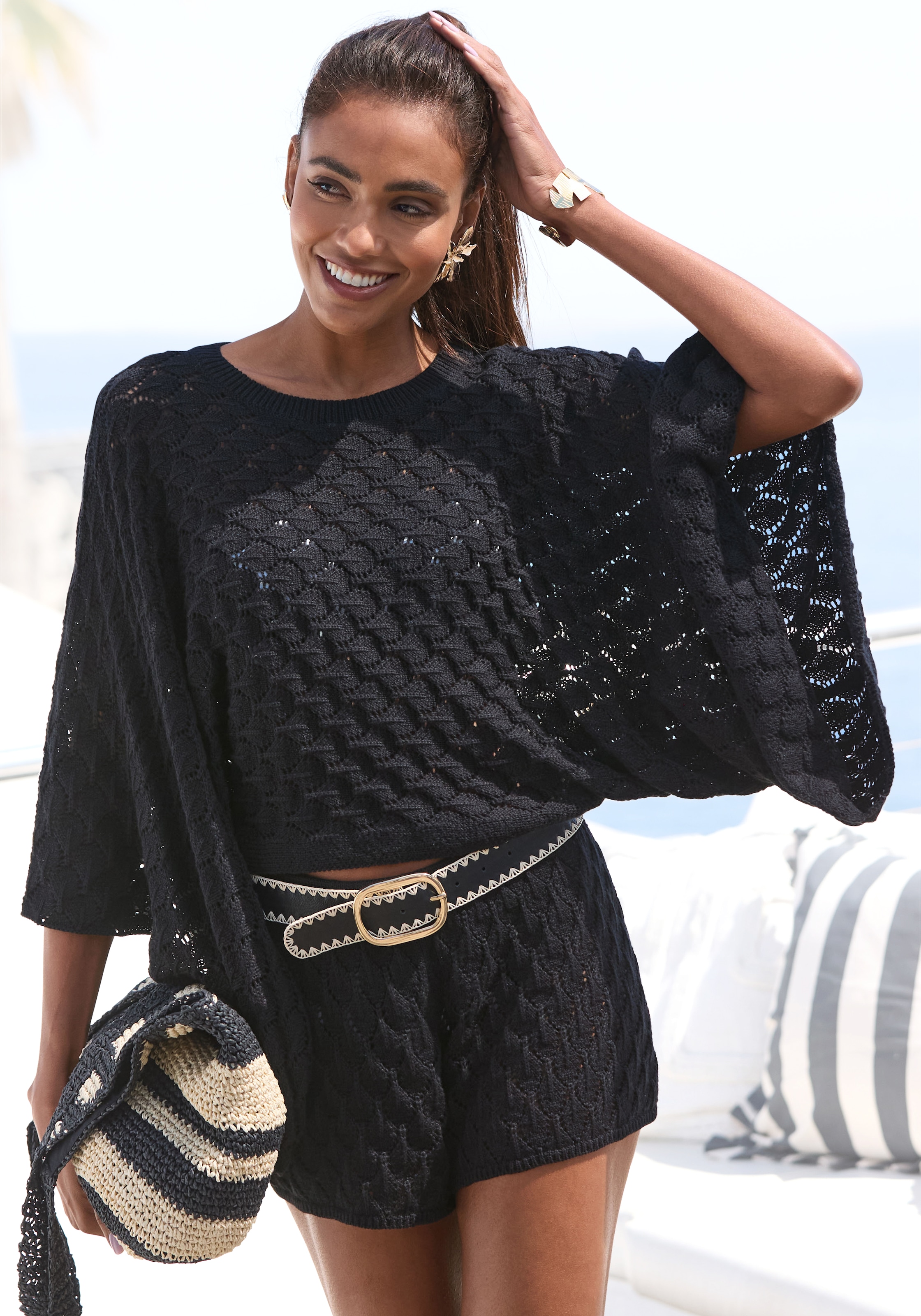 Image of French Connection Ajourpullover "mit extraweiten Fledermausärmeln" verkürzter Oversize-Pullover, leicht transparenter Strandpullover