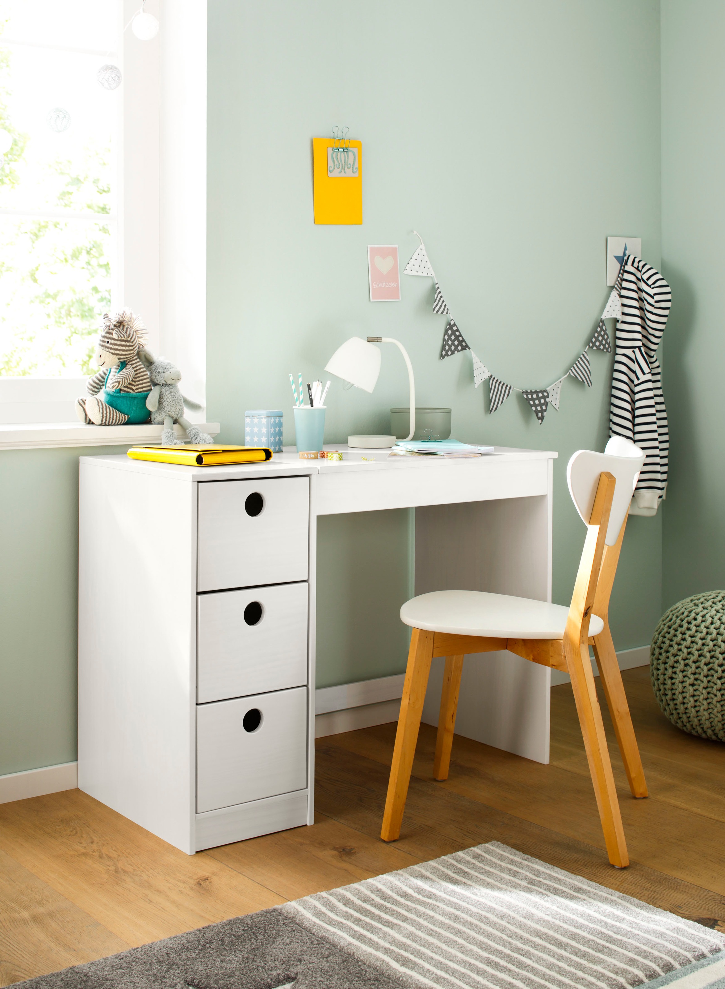 Image of Lüttenhütt Kinderschreibtisch »Alpi«, Jugendschreibtisch, Schreibtisch, aus massivem Kiefernholz, Wangengestell, mit 3 Schubkasten und Stauraum unter der Tischplatte, Tischbreite 100 cm bei Ackermann Versand Schweiz