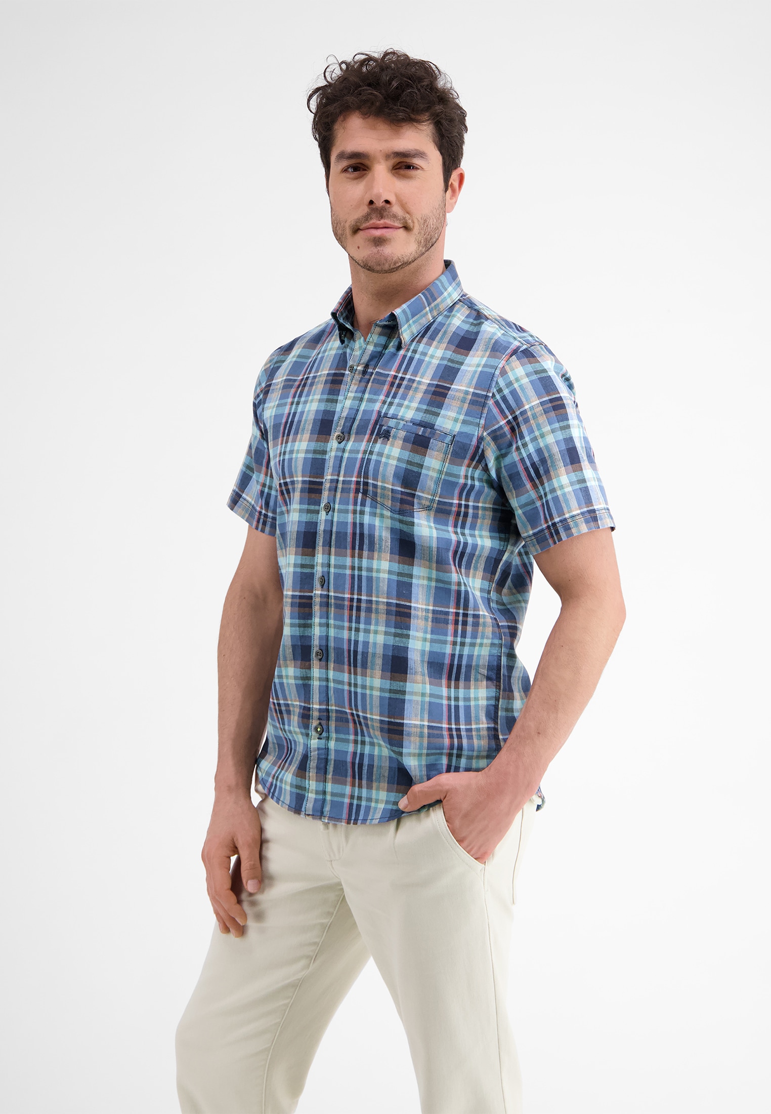 LERROS Kurzarmhemd »LERROS Kariertes Halbarmhemd, Baumwoll-Leinen-Mix«