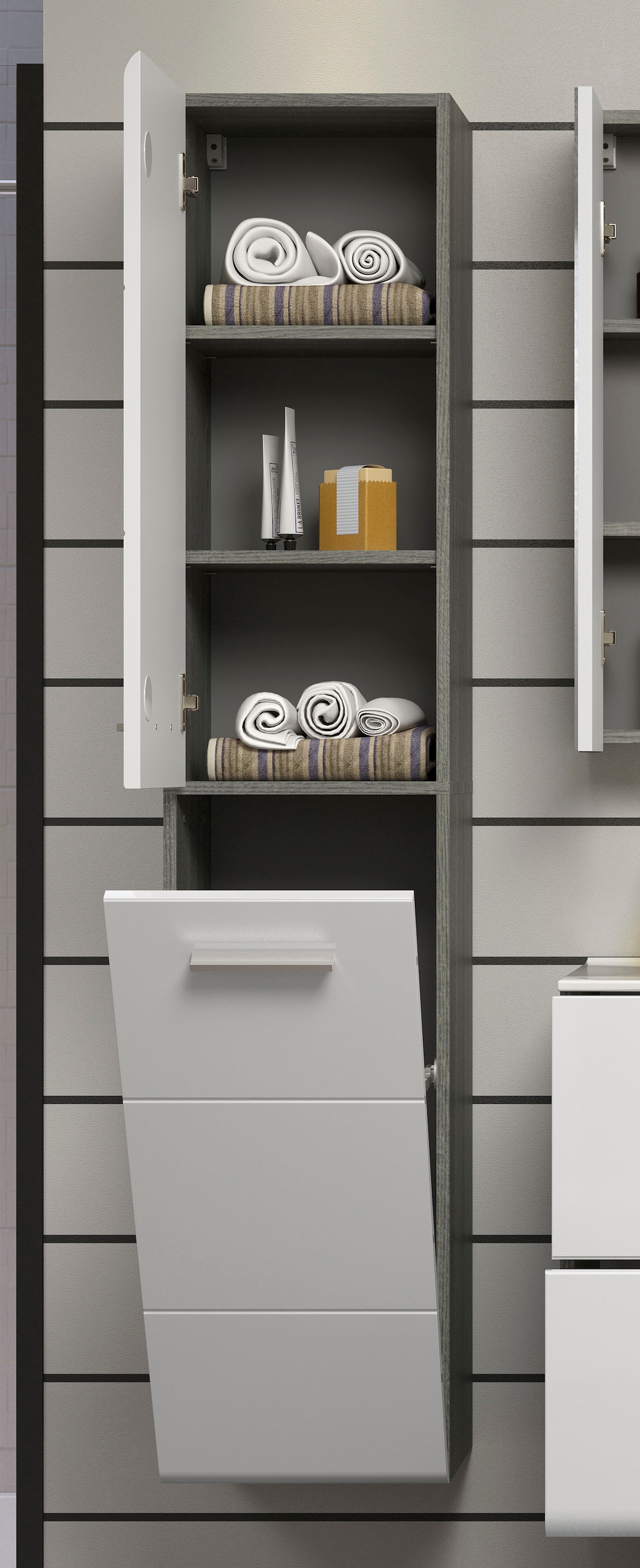 welltime Badmöbel-Set »Ravenna«, (3 St.), Hochschrank, Waschtisch, Spiegelschrank mit Wäschekorb und Waschbecken