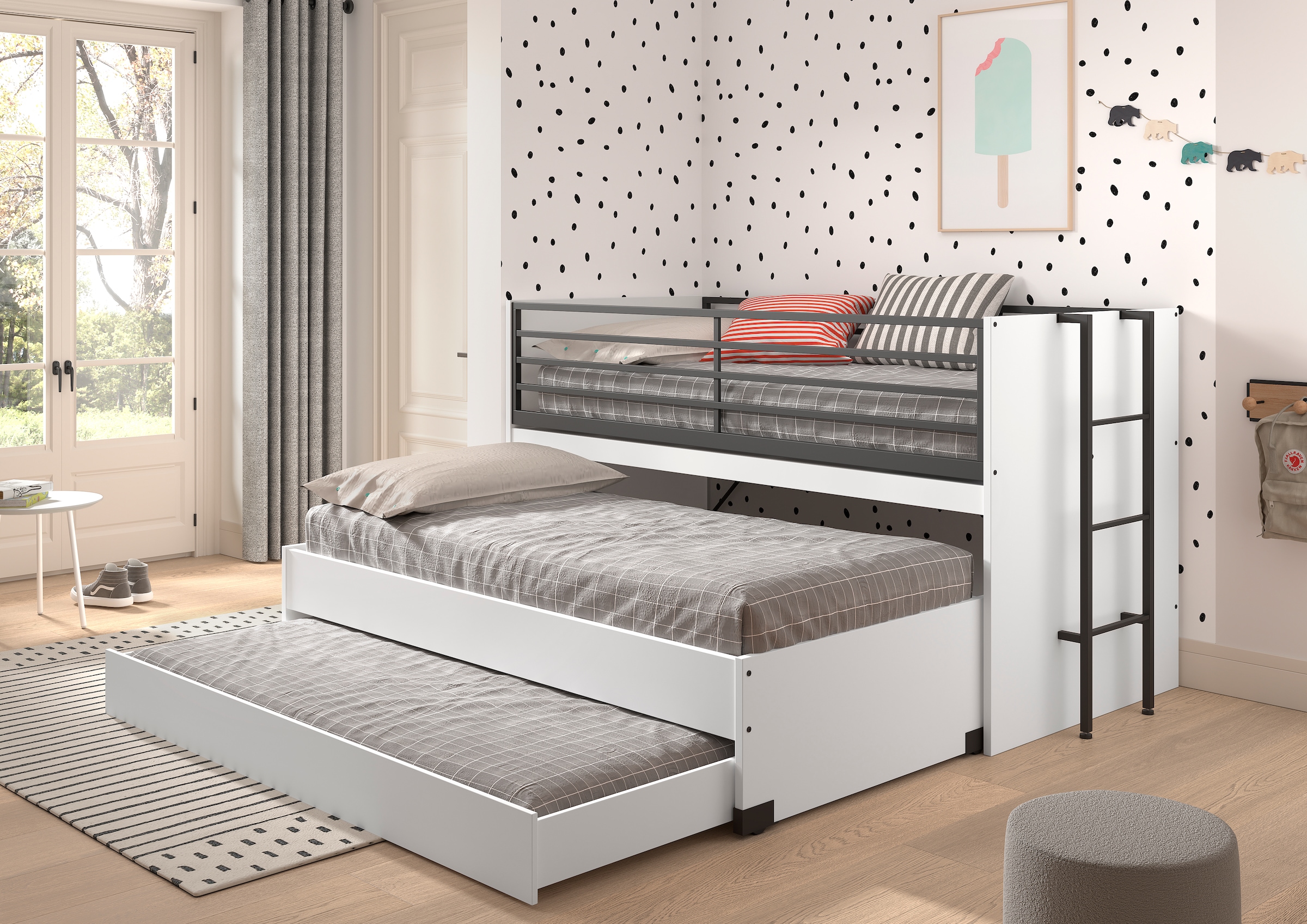 Vipack Etagenbett »praktisches Etagenbett mit viel Funktion, 2 Dekore zur Wahl« B/H/T ca. 219x114x98cm, Metall Leiter und Absturzschutz in schwarz,  für kleine Räume, 2 Liegefl., Bettschublade, inkl. Schreibtisch