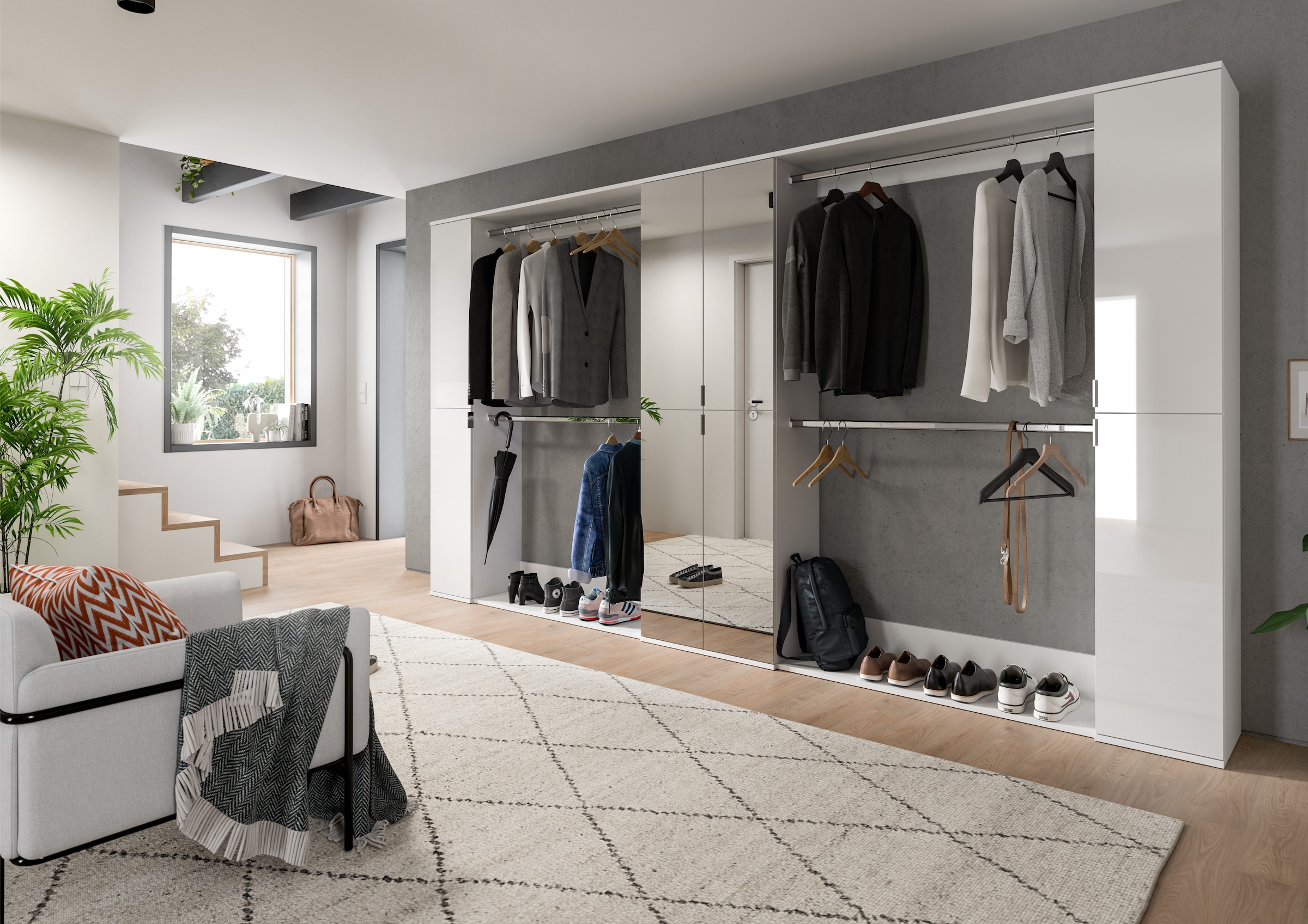 INOSIGN Garderoben-Set »Trondheim, Garderobenset 5-tlg. Breite 341 cm,«, (5 St.), best. aus: Spiegelschrank, 4 Kleiderstanden, 2x Schrank, Flur, Diele
