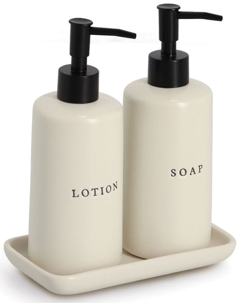 Image of Zeller Present Seifenspender "Seifen-/Lotionspender-Set, 3-tlg., Keramik" Beschriftung: Seife und Lotion, minimalistisch und modern