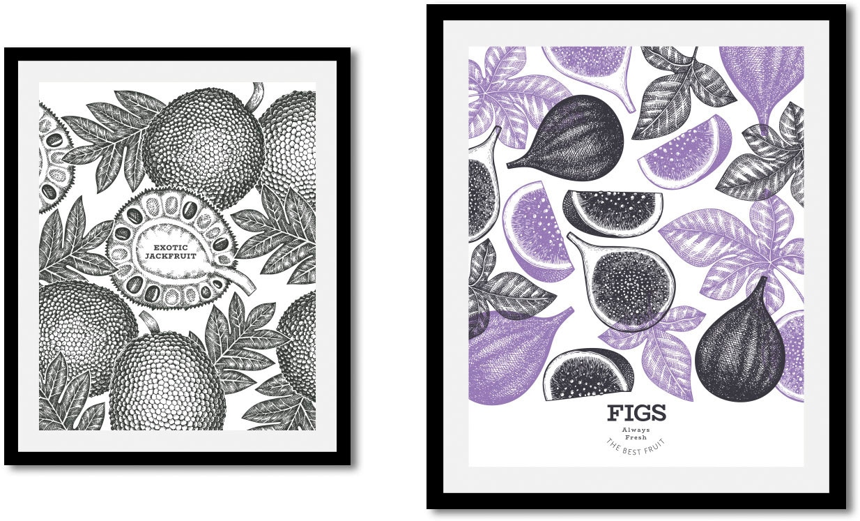 queence Bild »Set Grace«, Obst-Obst Bilder-Schriftzüge-Schriftzug-Essen-Lebensmittel-Art-Kunst-Schwarz-Weiss, (1 St.), gerahmt