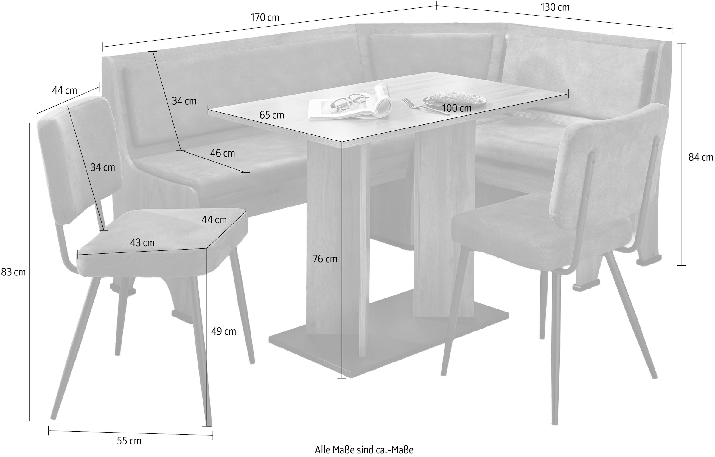 GOODproduct Ensemble de bancs d'angle »Theo (Set, 4-tlg. Tisch, Bank und 2 Stühle) 2 Farben wählbar« Bank links/rechts montierbar, mit Stauraum, Stühle im 2er Set
