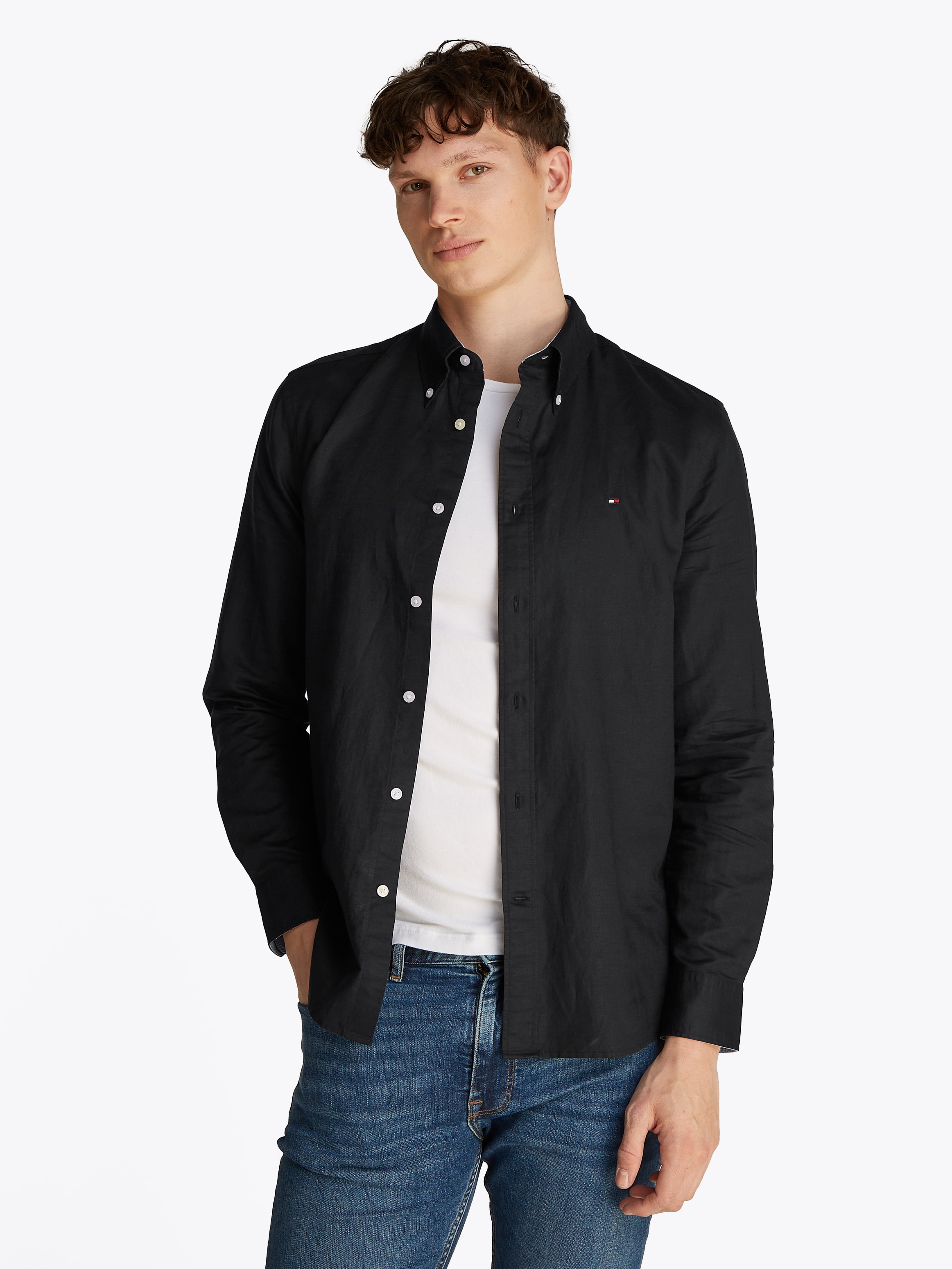 Tommy Hilfiger Langarmhemd »LINEN BLEND SOLID RF SHIRT«, mit Button-down-Kragen