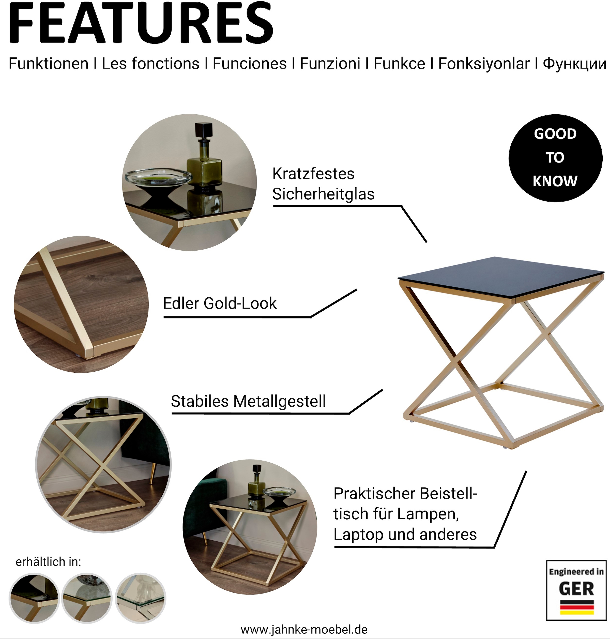 Jahnke Beistelltisch »XTRA BY SIDE« 1 Stk. tlg. Nachttisch/Beistelltisch in Gold-Look, aus Sicherheitsglas gefertigt