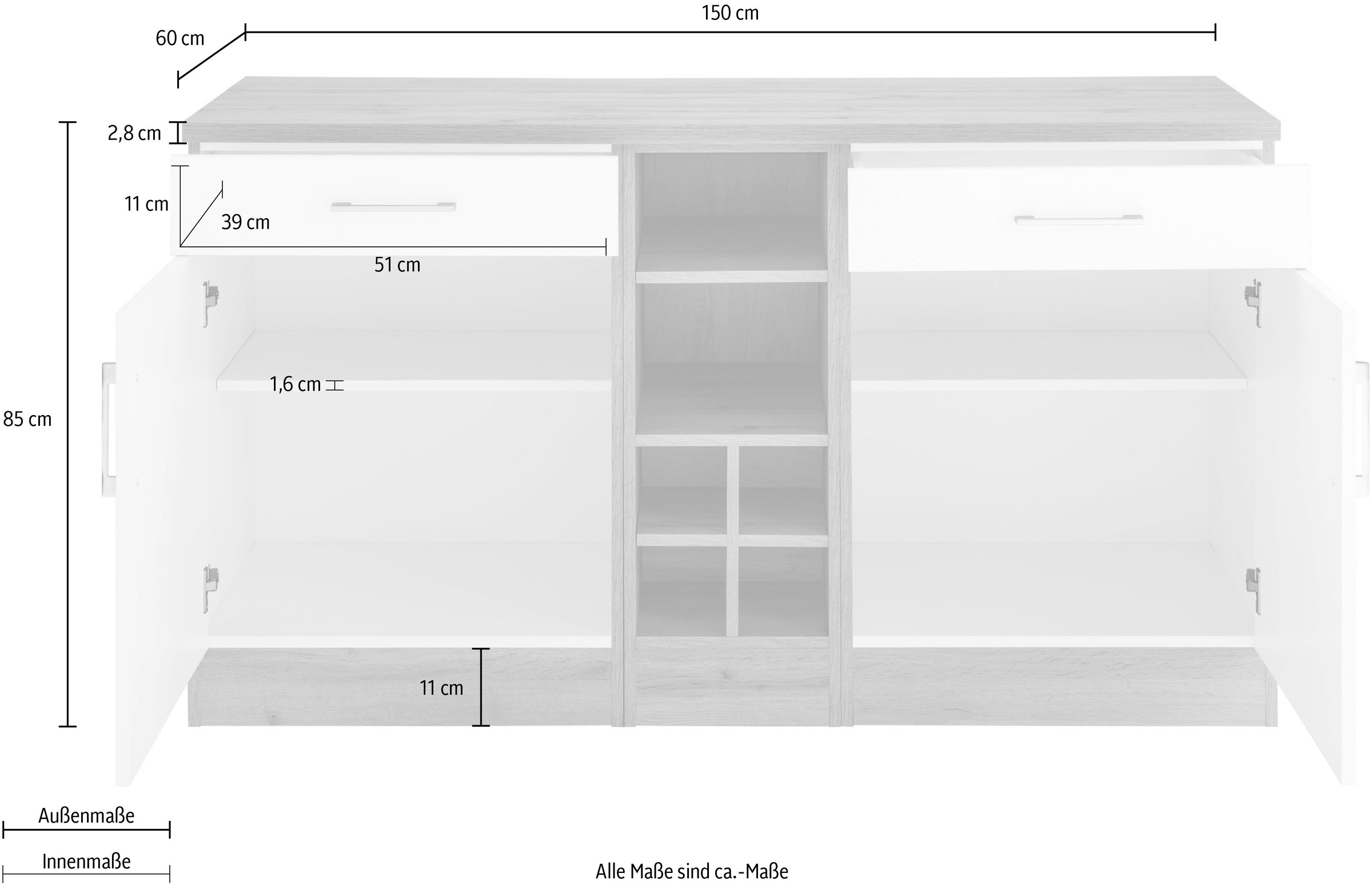 KOCHSTATION Armoire basse »KS-Colmar« 150 cm de large, 2 tiroirs, 2 portes, 6 compartiments, pour beaucoup d'espace de rangement