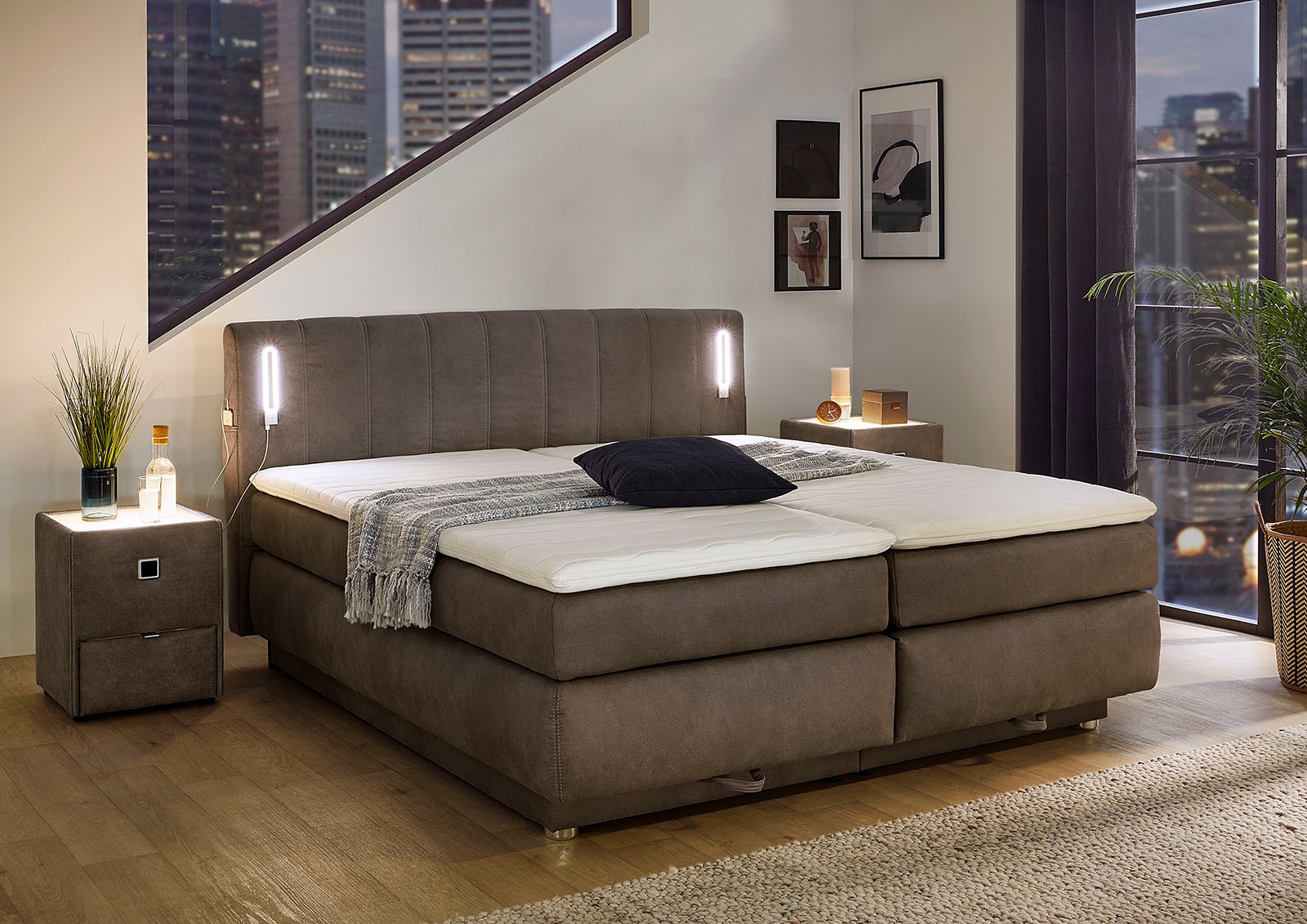 Image of Jockenhöfer Gruppe Boxspringbett "KATI mit Stauraum, inkl. Bonnellmatratze H2/H3" Höhenverstellbares Kopfteil mit LED´s, USB- Ladeports 180 cm x 200 cm