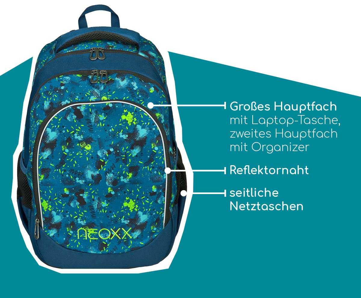 neoxx Schulrucksack »Fly, Petrol Extreme«, Reflektionsnaht, aus recycelten PET-Flaschen