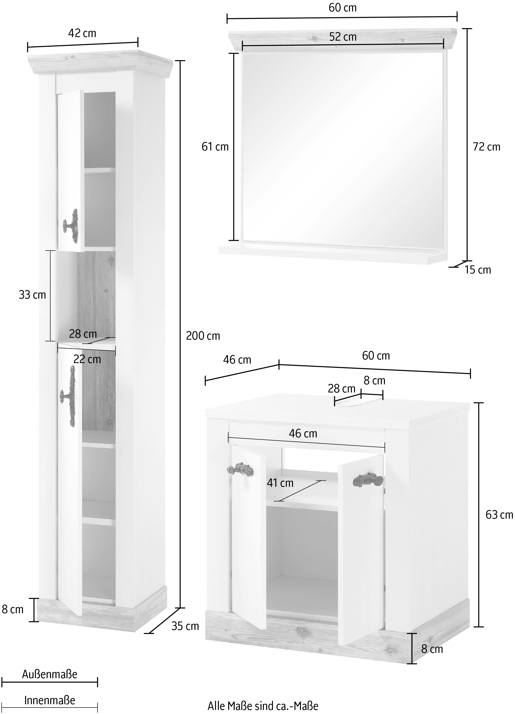 Home affaire Badmöbel-Set »Florenz, Bad im Landhausstil, 3-teiliges Badezimmer«, (3 St.), Waschbeckenunterschrank, Schrank und Spiegel, in Pinie Weiss, Stauraum