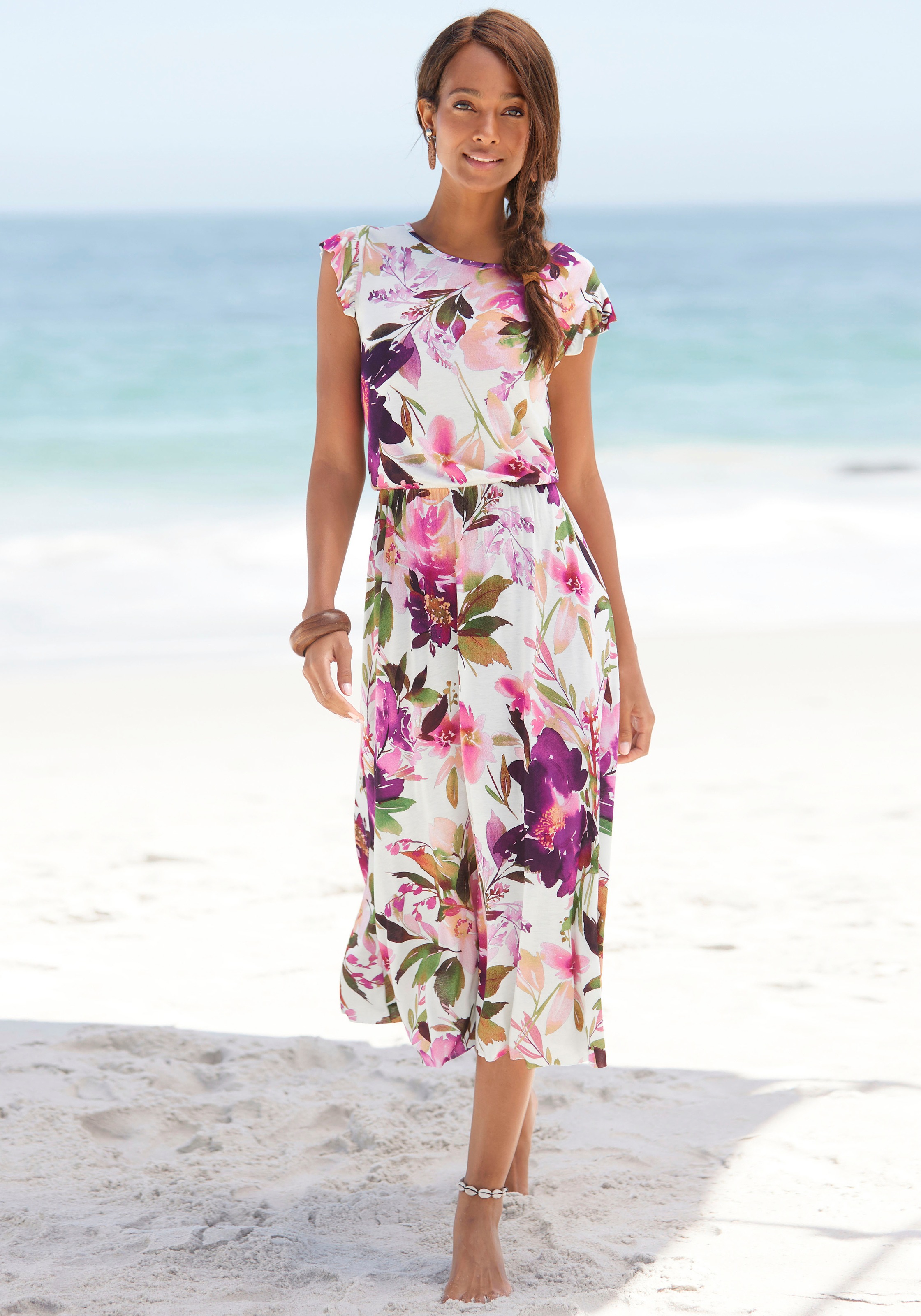 Image of Beachtime Jerseykleid "mit Blumendruck und Gummizug aus Viskosejersey, elegantes Midikleid" Ohne Taschen Kurzärmliges Sommerkleid, Strandkleid, Viskosekleid, Basic