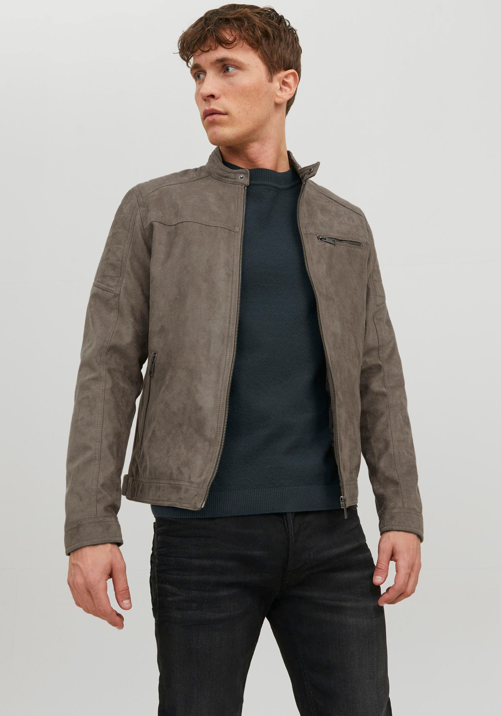 Jack & Jones Lederimitatjacke »JJEROCKY in Kunstlederoptik mit Reissverschlusstaschen«, unifarben, modisch, regular fit, Lederimitat