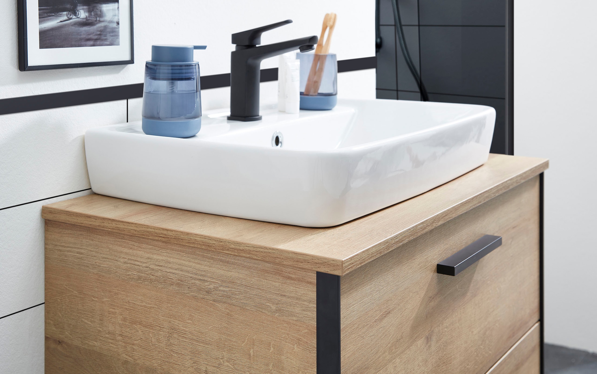 Saphir Ensemble de meubles de salle de bain »Quickset 395 2-teilig, Keramik-Aufsatzbecken mit LED-Spiegel« 4 cuis tlg.