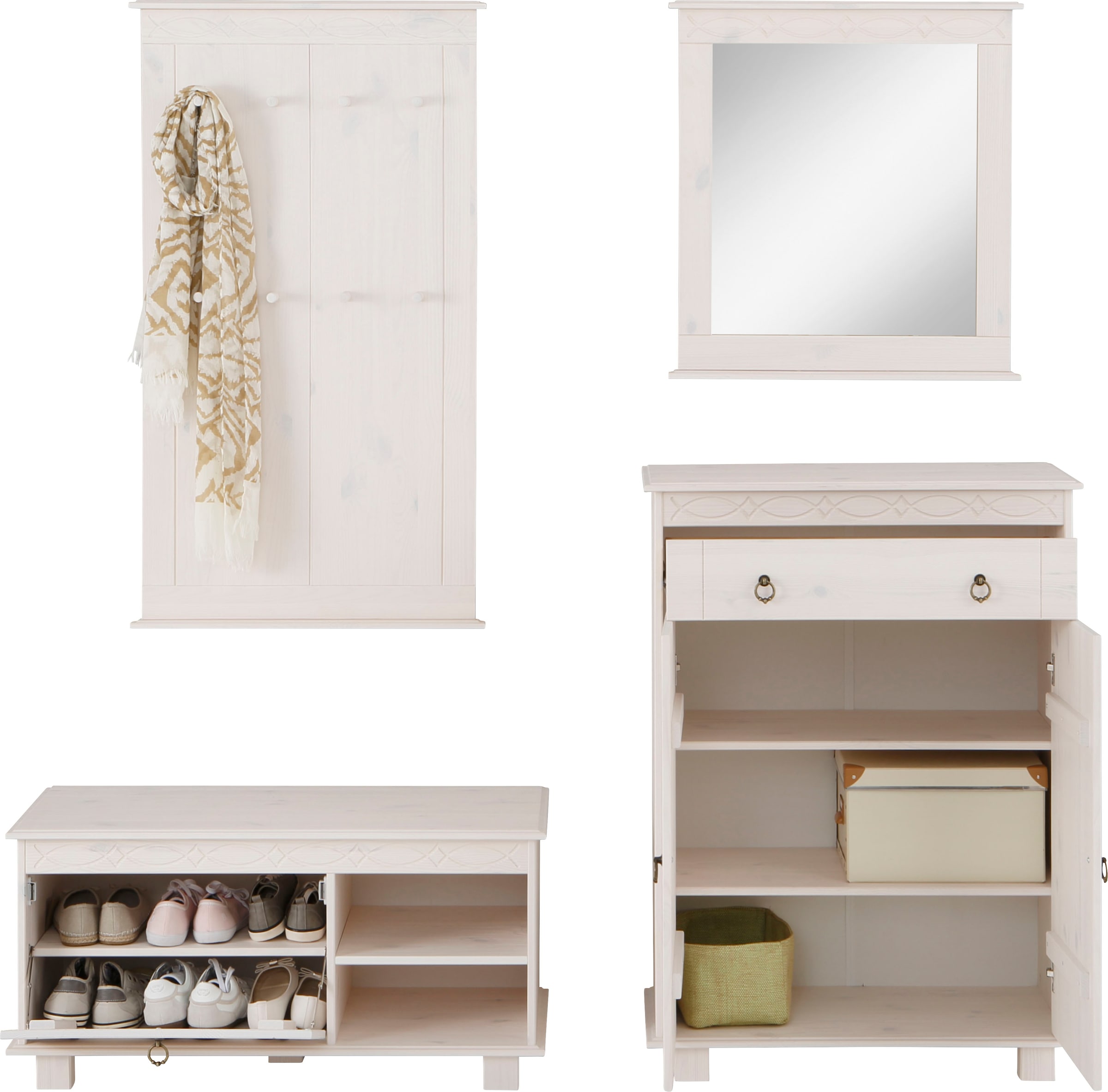 Home affaire Garderoben-Set »Indra«, (Set, 4 St.), 4-tlg. Set: Schuhbank, Paneel, Spiegel, Kommode, Kiefer massiv
