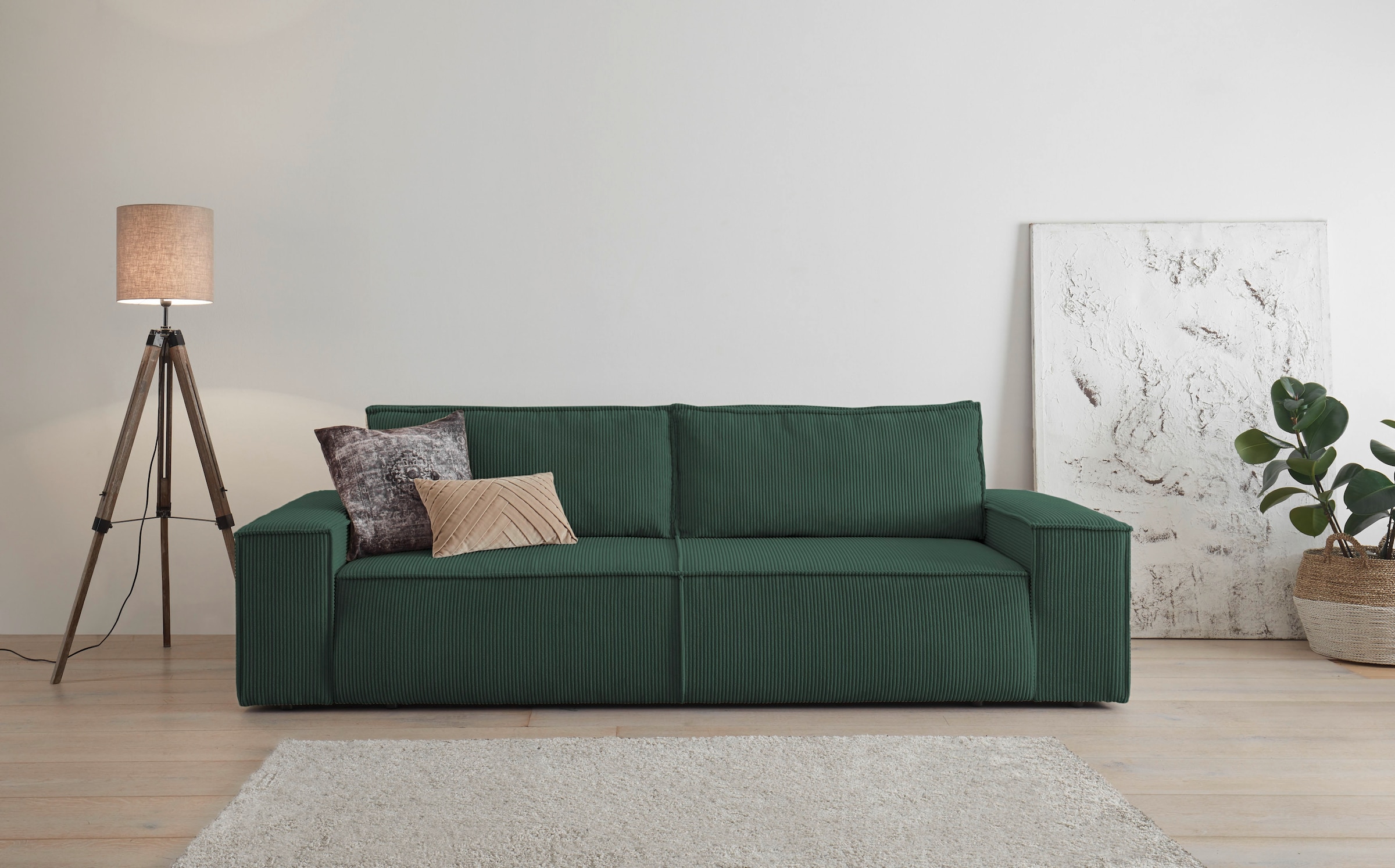 Image of Home affaire 3-Sitzer "SHERWOOD Schlafsofa (257cm) Cord, Samtvelours, Vintage-Lederoptik" Schlaffunktion mit Bettkasten (ca. 136/200cm)