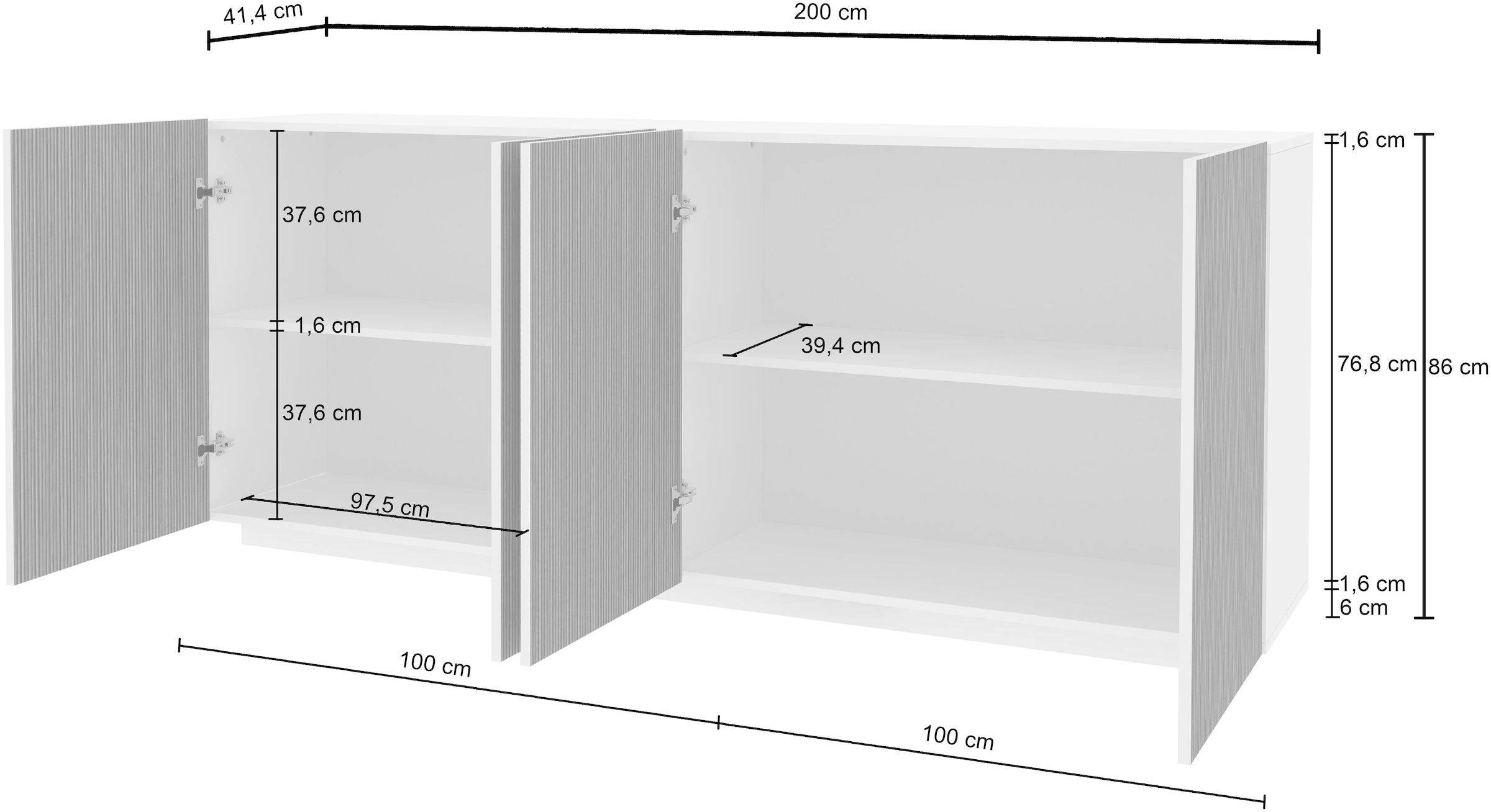 Home affaire Sideboard »Vega Sideboard,Kommode,200 cm« mit 4 Türen,Fronten mit  Rillen-Optik
