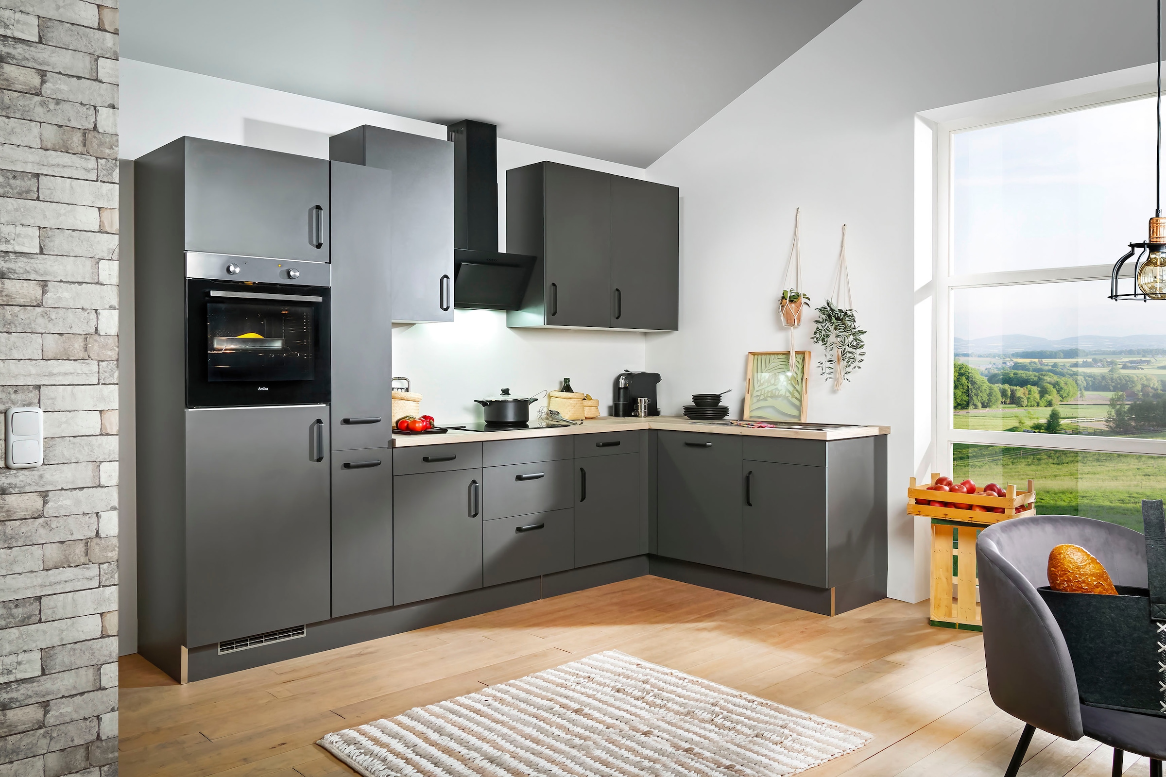 wiho Küchen Winkelküche »"Simi", mit verstellbaren Füssen, wahlweise mit E-Geräten« Soft-Close-Funktion in Schubkästen & Auszügen, Stellbreite 315/175 cm
