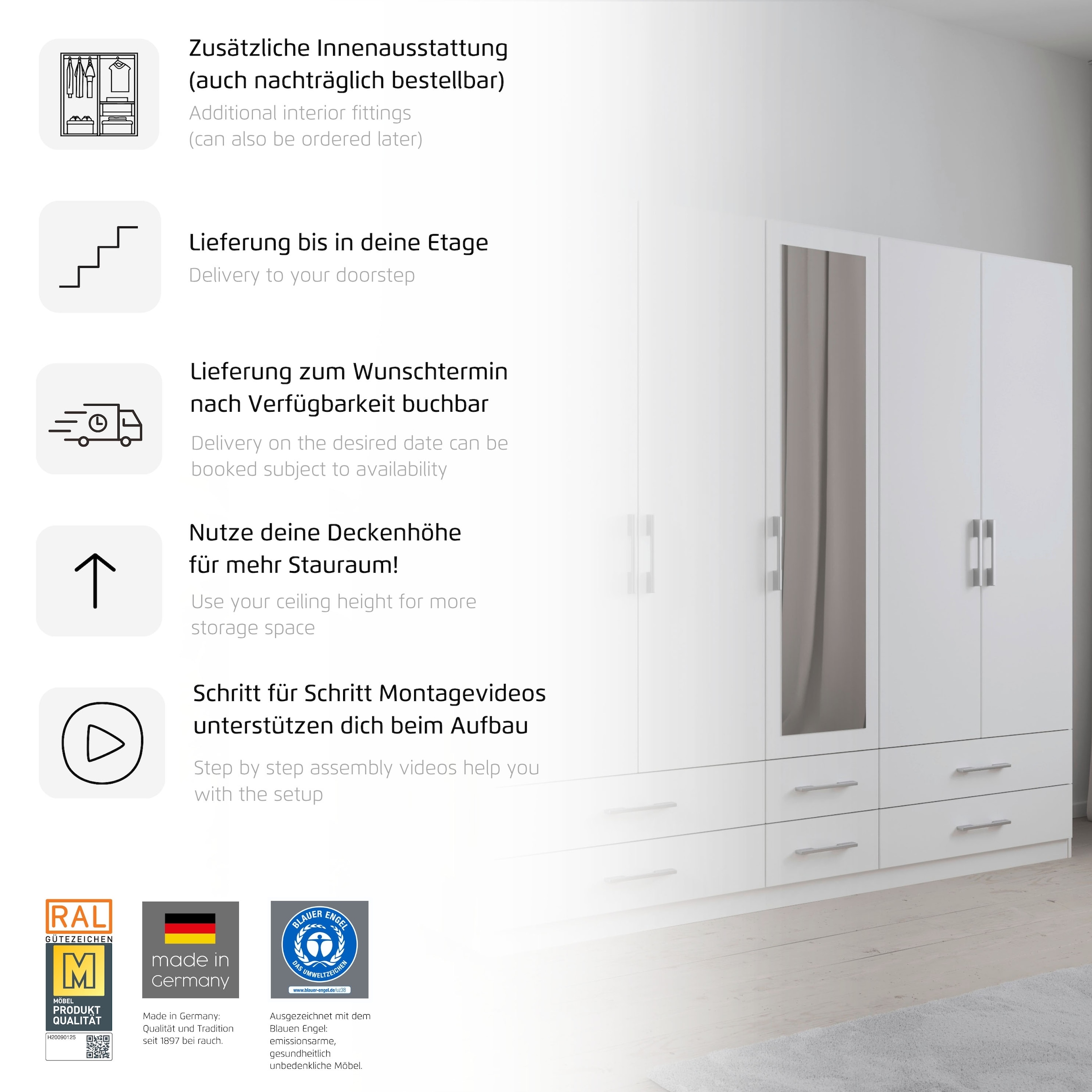 rauch Armoires à vêtements »Schrank Garderobenschrank Mehrzweckschrank Schlafzimmer HERSBRUCK« 3 finitions différentes BASIC/CLASSIC/PREMIUM (incl. soft-close),  avec tiroirs spacieux ainsi que portes-miroirs FABRIQUÉ EN ALLEMAGNE